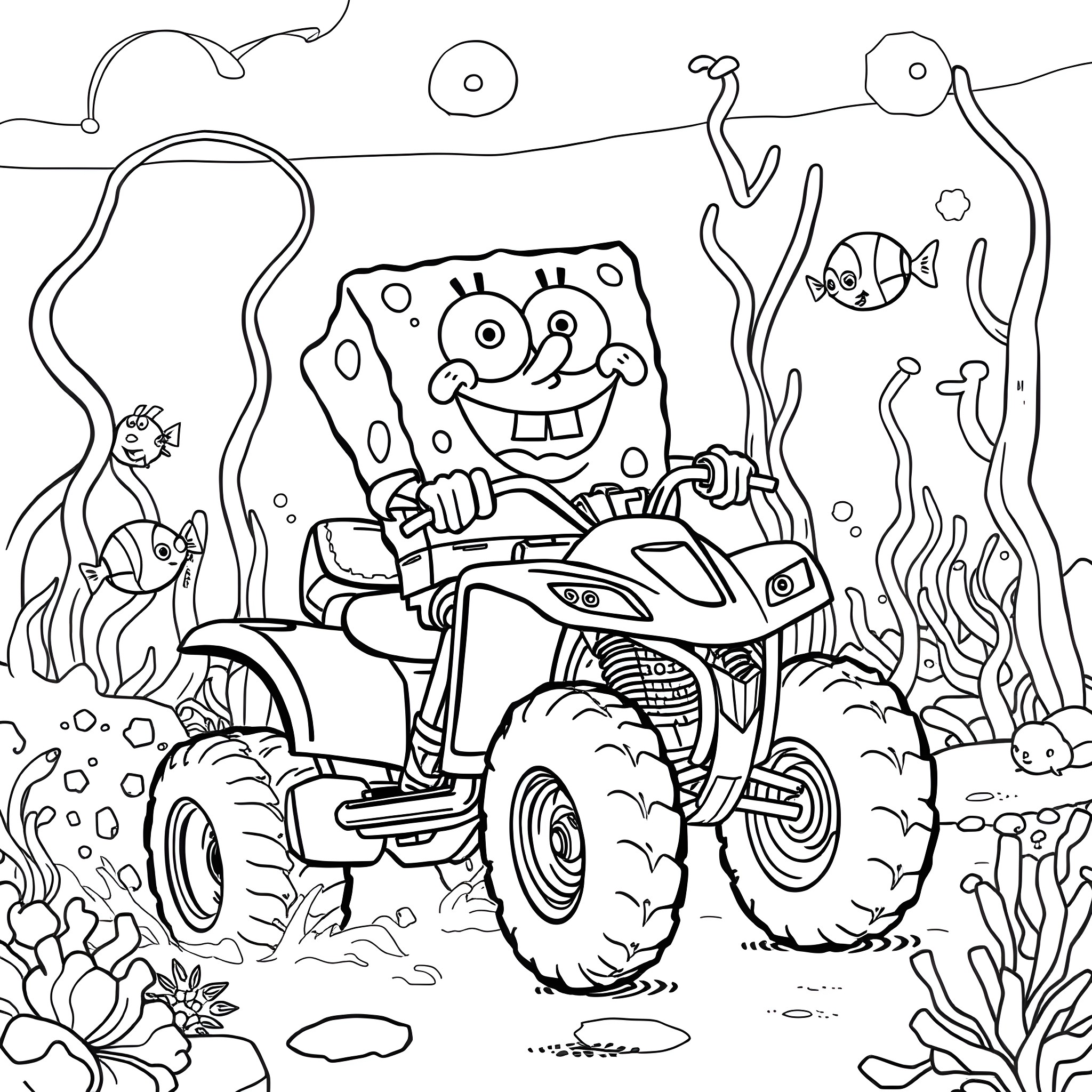 Spongebob driving a monster truck underwater Coloring Page (free black-and-white line drawing printable PDF for all, from beginners to advanced learners, including children, teens, adults, and seniors)