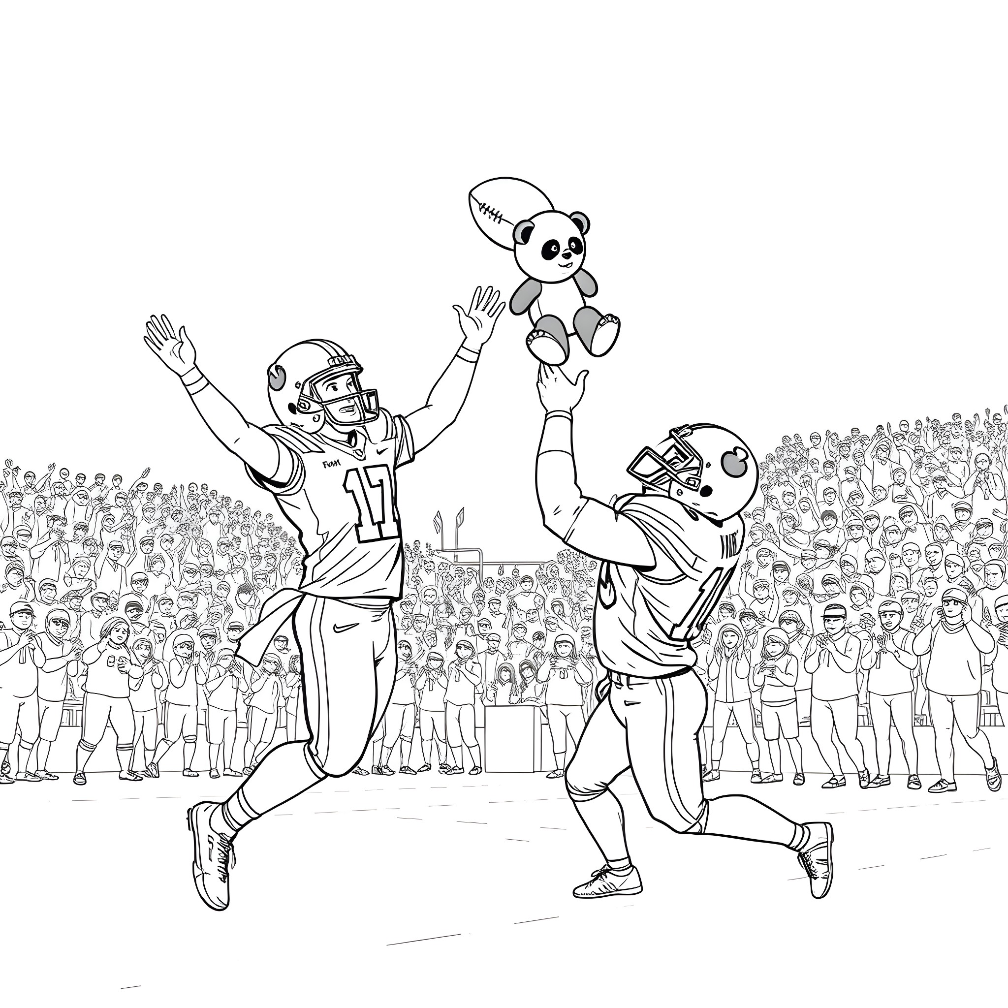 Panda cheerleaders at a football game Coloring Page (free black-and-white line drawing printable PDF for all, from beginners to advanced learners, including children, teens, adults, and seniors)