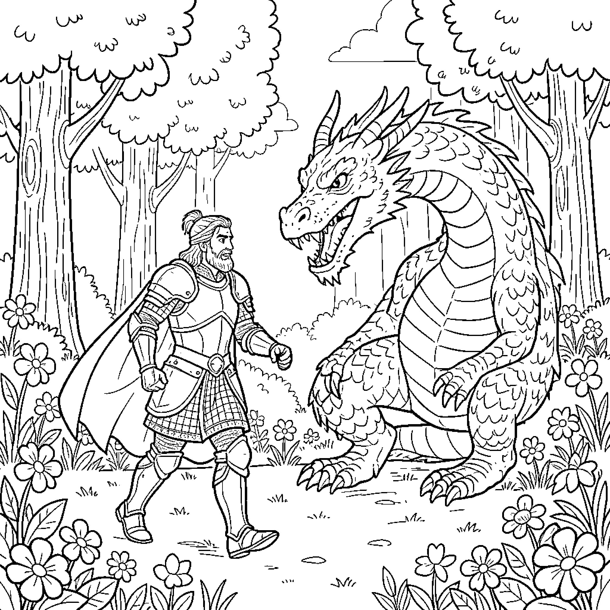 St George confronting a ferocious dragon in a lush forest Coloring Page (free black-and-white line drawing printable PDF for all, from beginners to advanced learners, including children, teens, adults, and seniors)
