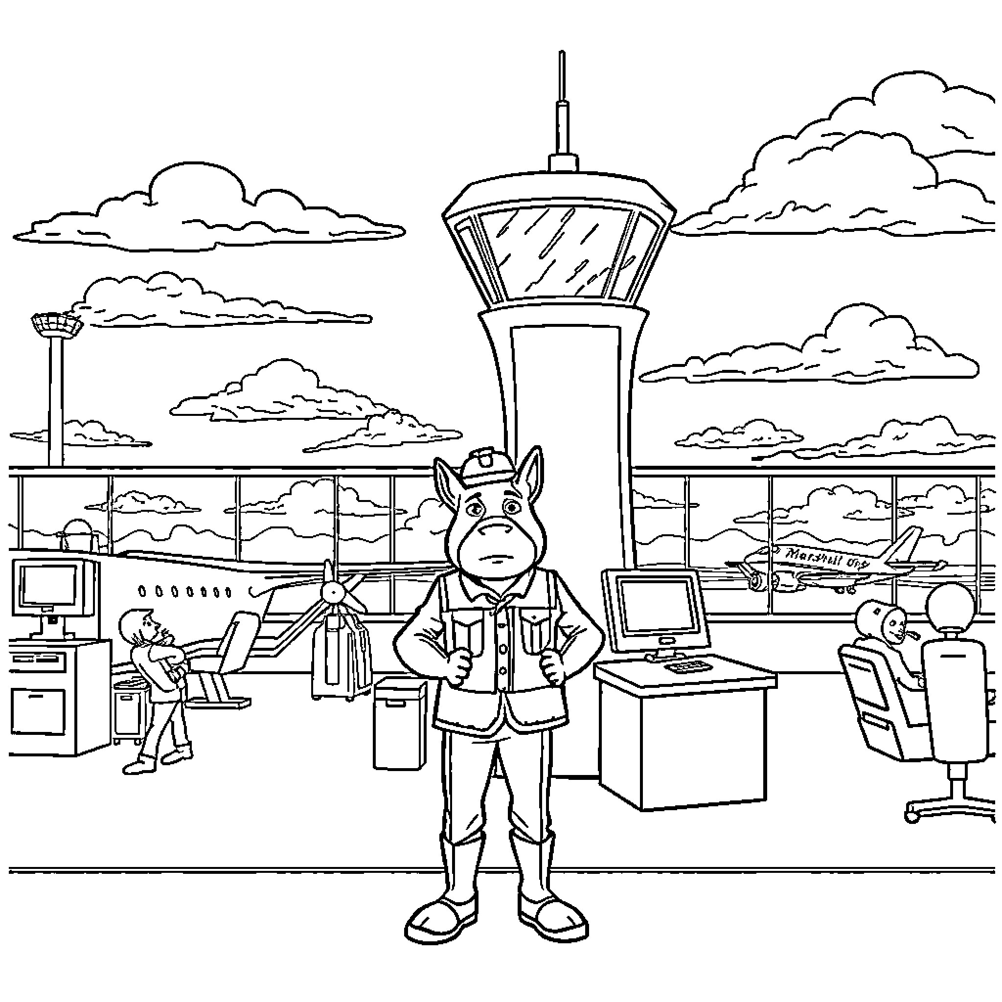 Marshall ensuring airport safety and security Coloring Page (free black-and-white line drawing printable PDF for all, from beginners to advanced learners, including children, teens, adults, and seniors)
