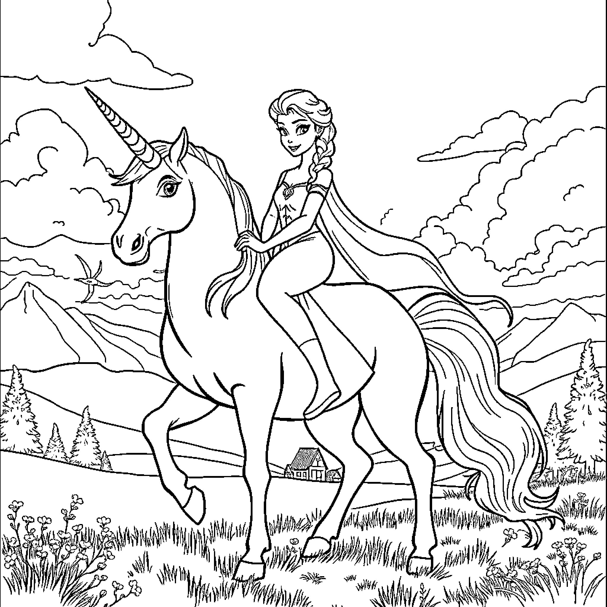 Elsa riding a magical unicorn in a fantasy landscape Coloring Page (free black-and-white line drawing printable PDF for all, from beginners to advanced learners, including children, teens, adults, and seniors)