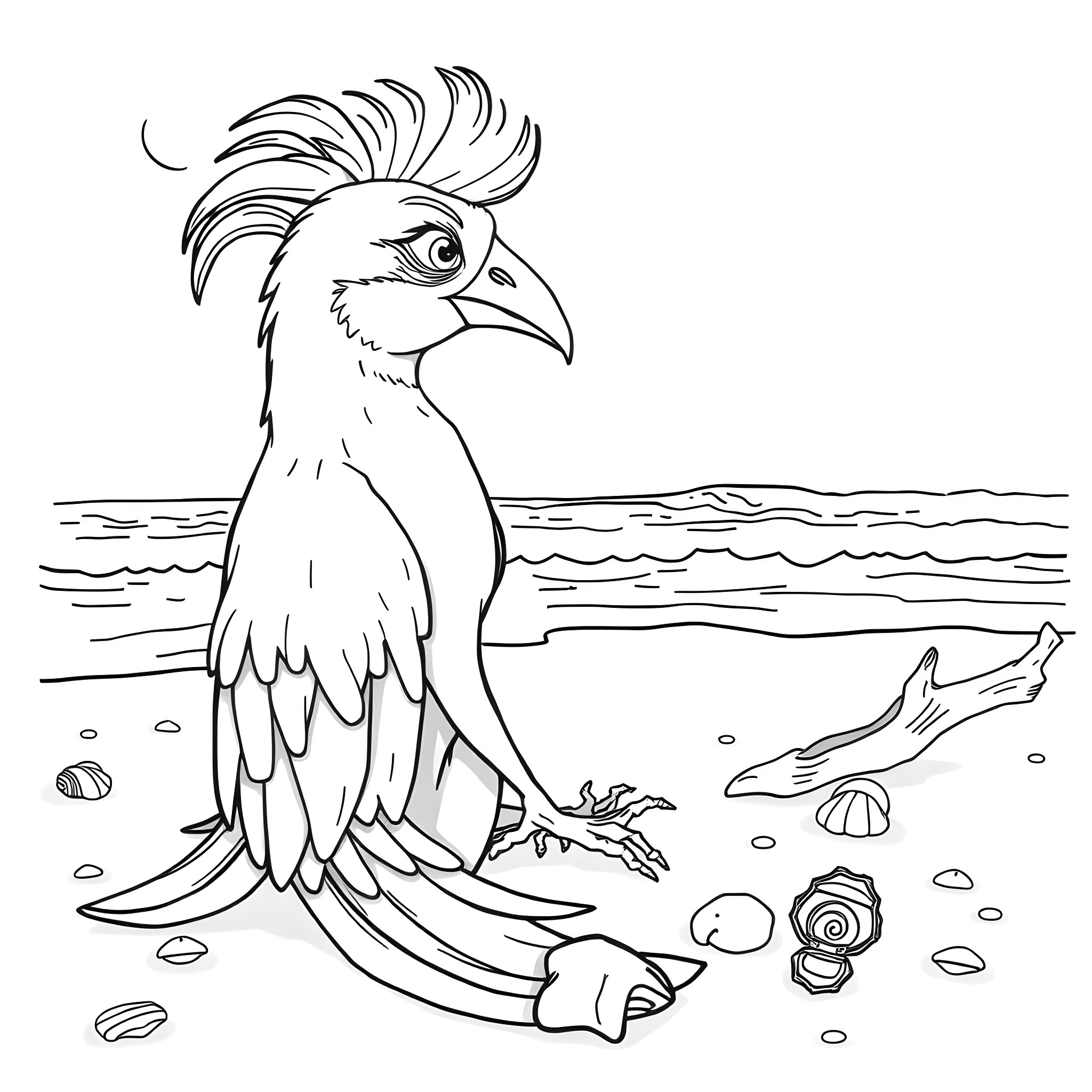 Drow bird standing on the beach with seashells Coloring Page (free black-and-white line drawing printable PDF for all, from beginners to advanced learners, including children, teens, adults, and seniors)
