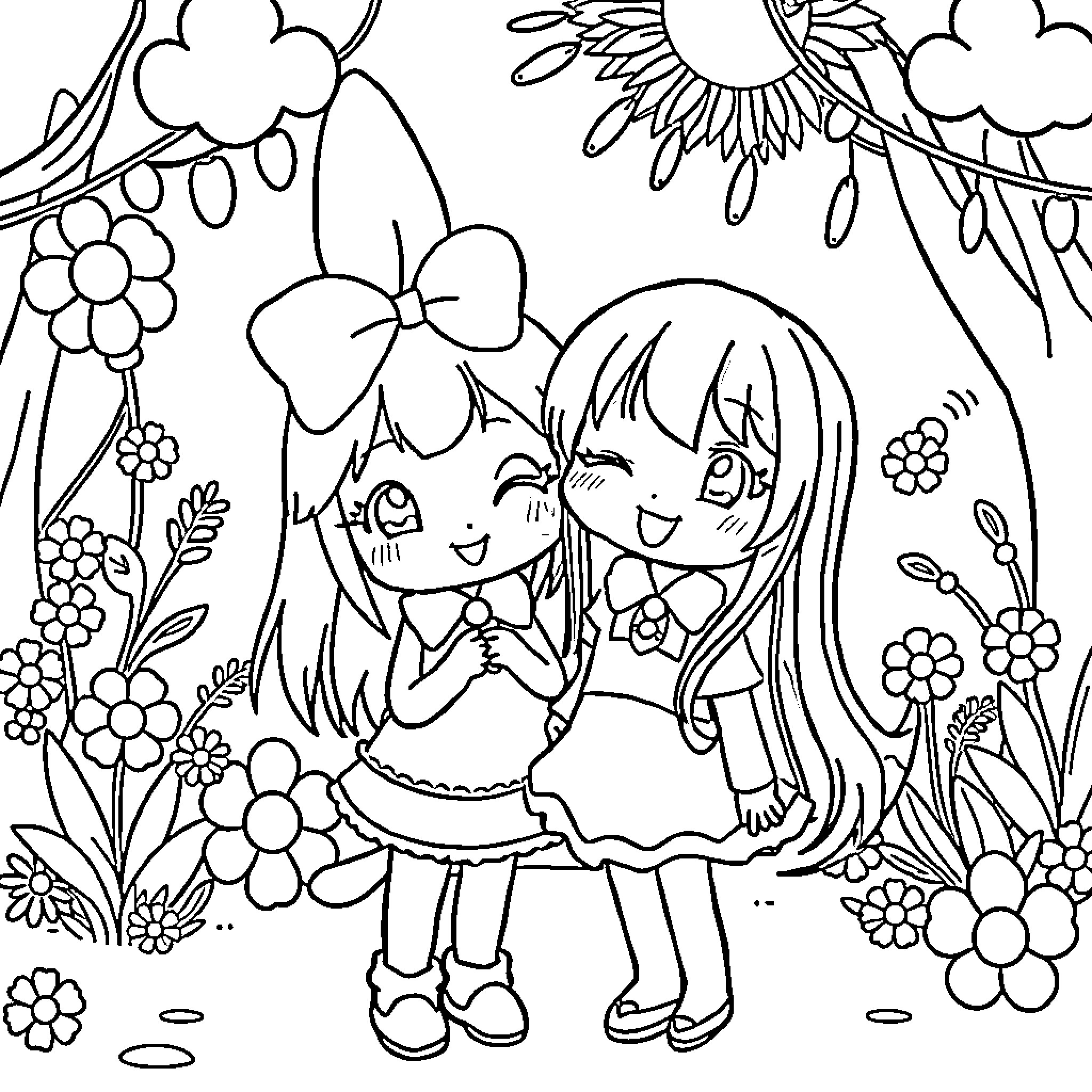 Kuromi and friends enjoying a garden scene Coloring Page (free black-and-white line drawing printable PDF for all, from beginners to advanced learners, including children, teens, adults, and seniors)