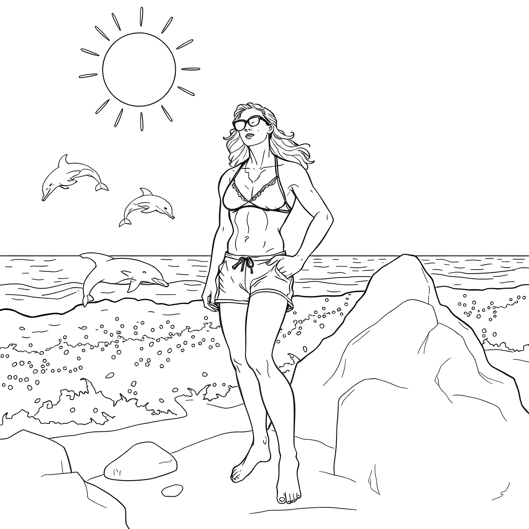 Bikini-clad woman enjoying beach with dolphins Coloring Page (free black-and-white line drawing printable PDF for all, from beginners to advanced learners, including children, teens, adults, and seniors)
