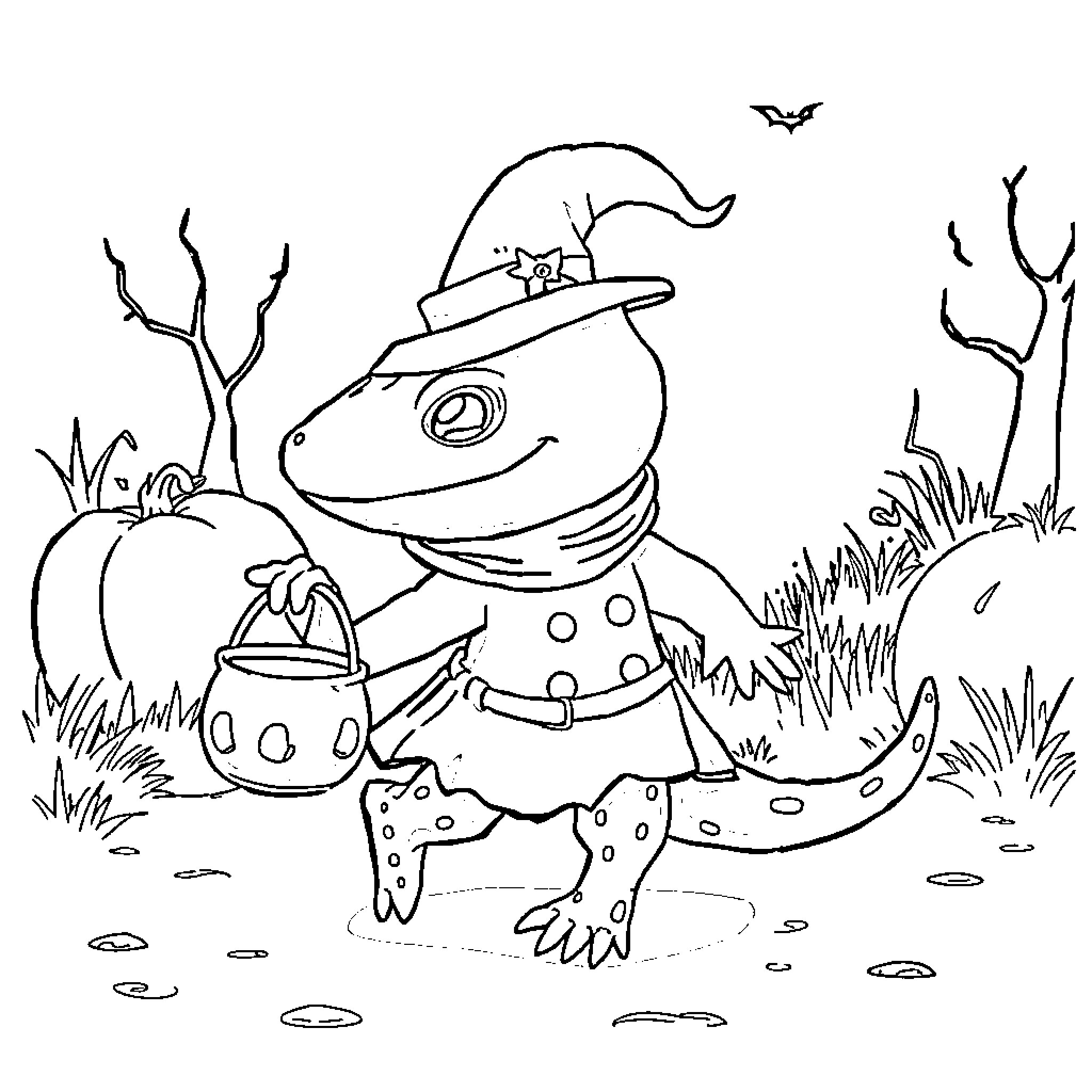 Axolotl in a witch costume exploring the outdoors Coloring Page (free black-and-white line drawing printable PDF for all, from beginners to advanced learners, including children, teens, adults, and seniors)