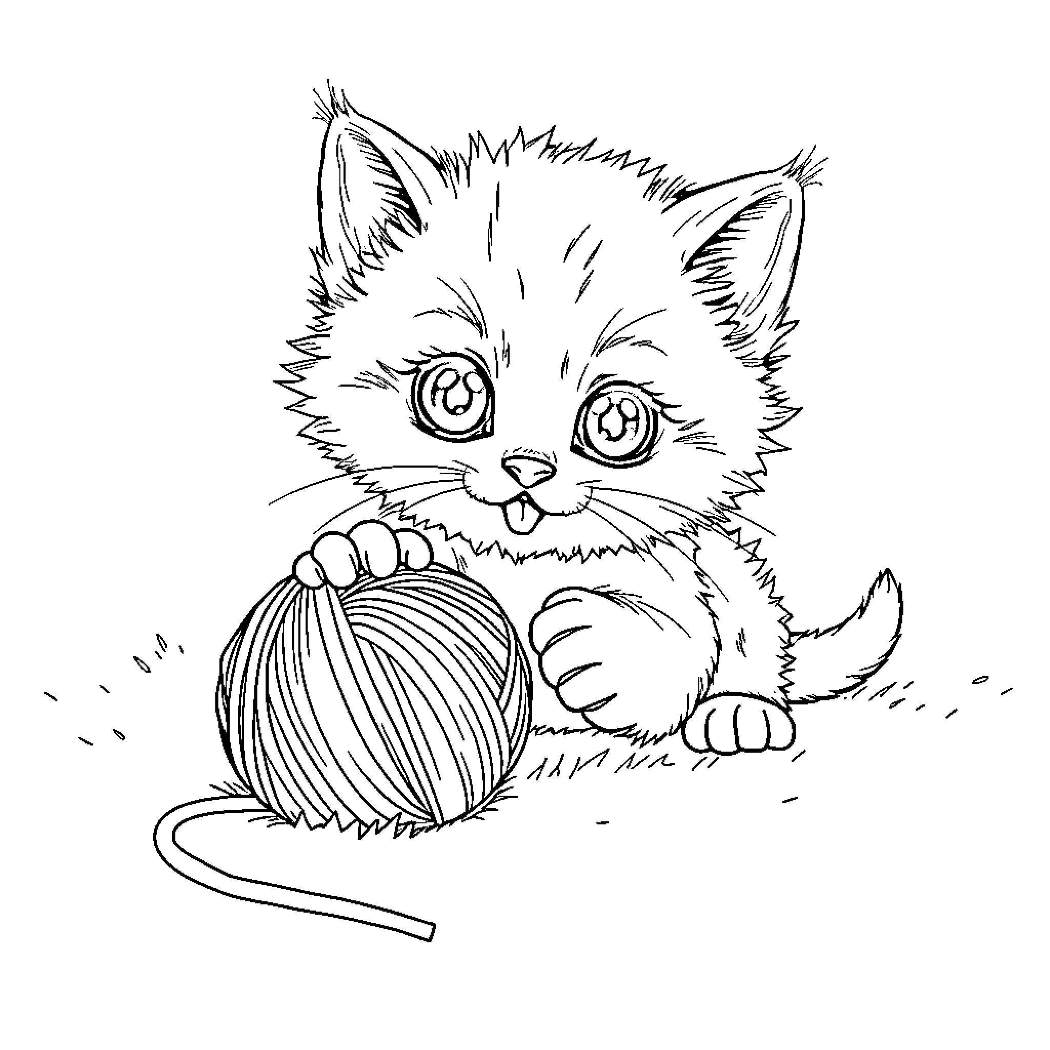 Kitten playing with yarn ball Coloring Page (free black-and-white line drawing printable PDF for all, from beginners to advanced learners, including children, teens, adults, and seniors)