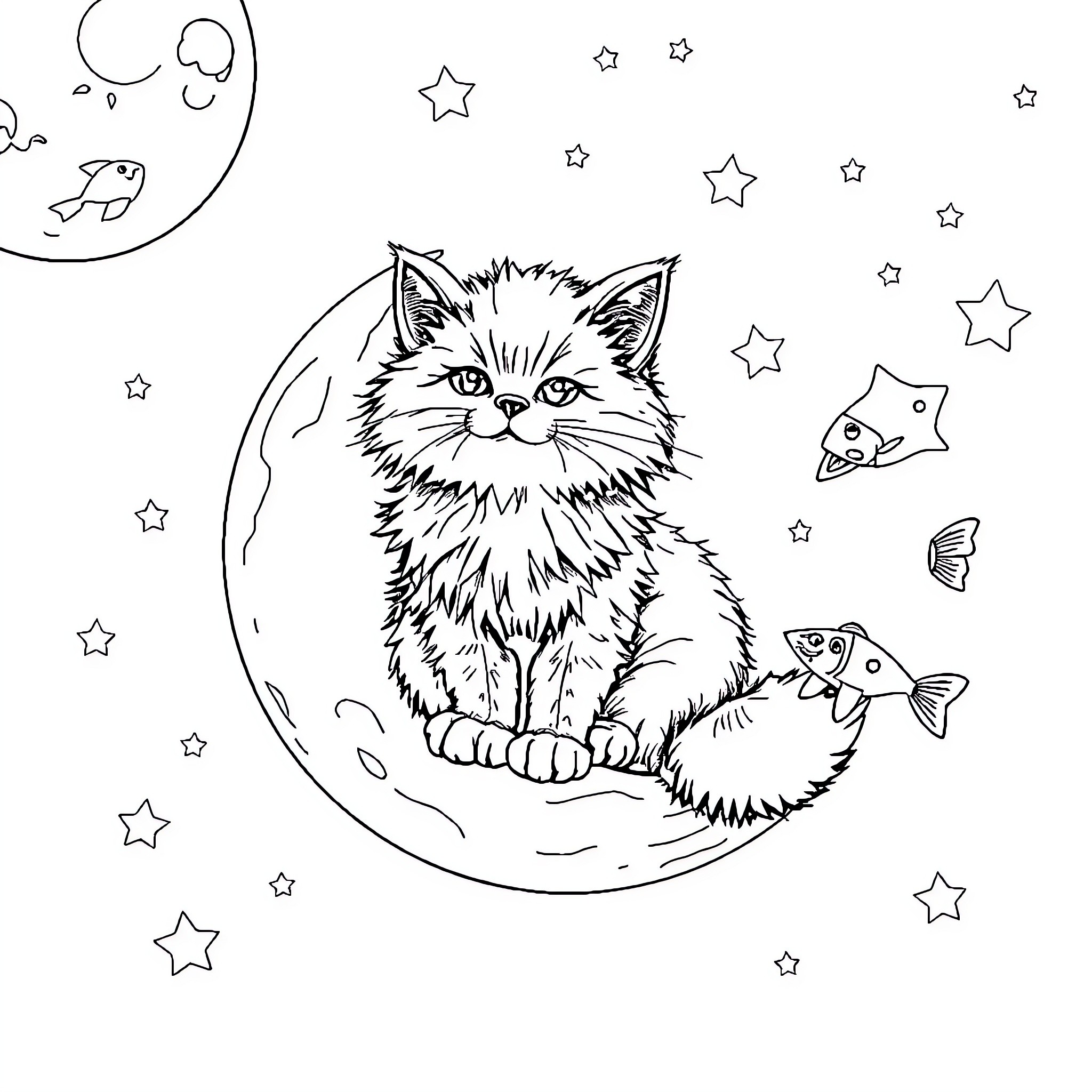 Cat gazing at the moon and stars Coloring Page (free black-and-white line drawing printable PDF for all, from beginners to advanced learners, including children, teens, adults, and seniors)