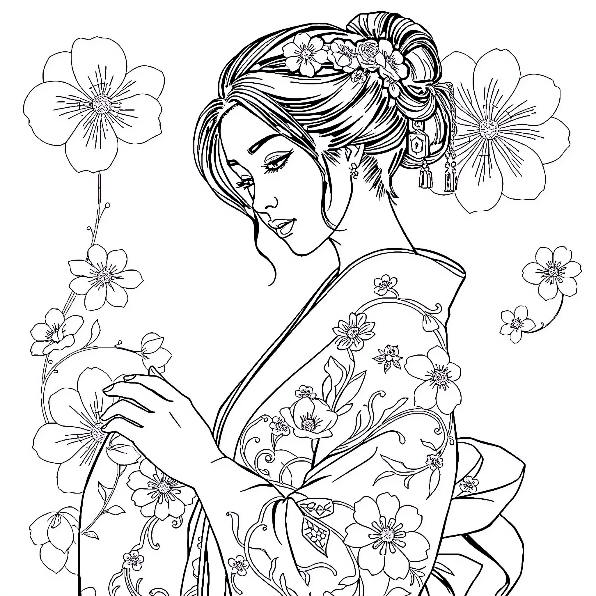 Woman in floral kimono with intricate hairstyle Coloring Page (free black-and-white line drawing printable PDF for all, from beginners to advanced learners, including children, teens, adults, and seniors)