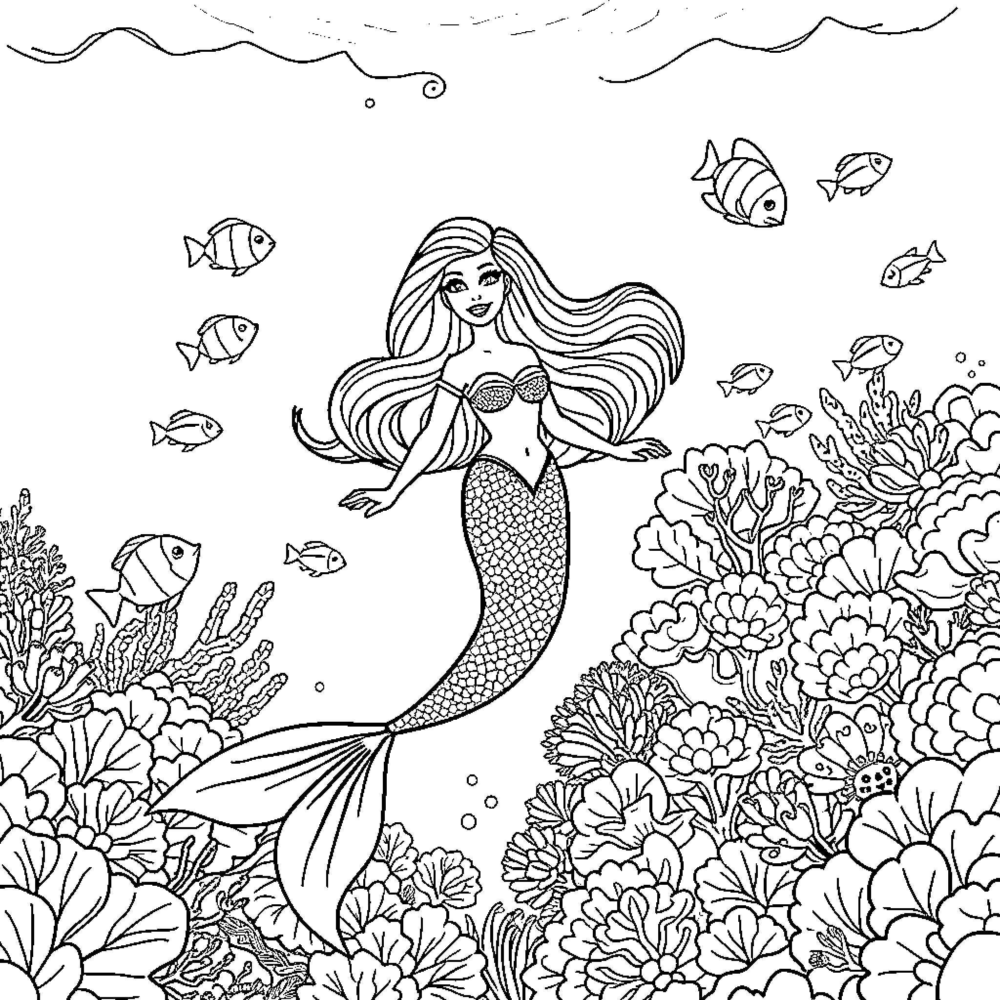Mermaid swimming among vibrant underwater scene Coloring Page (free black-and-white line drawing printable PDF for all, from beginners to advanced learners, including children, teens, adults, and seniors)