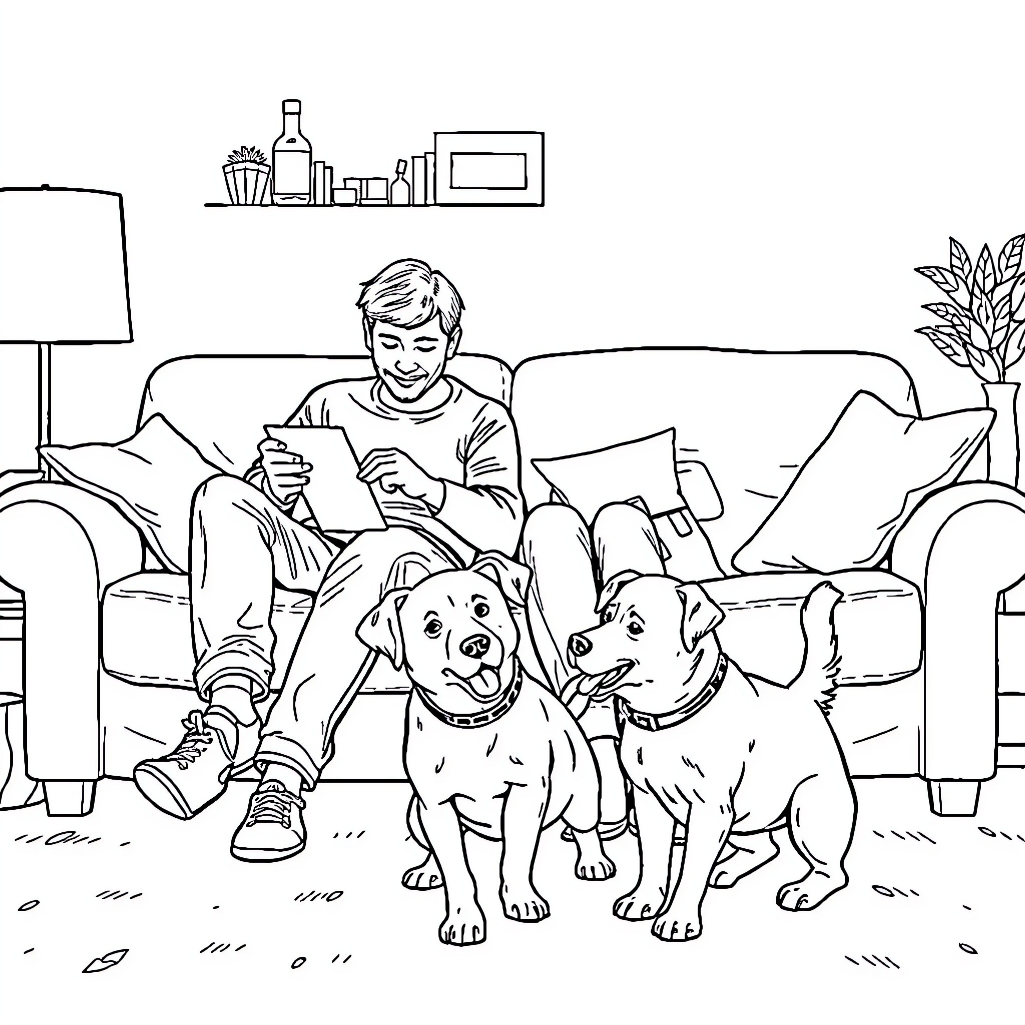 Couple relaxing at home with their pets Coloring Page (free black-and-white line drawing printable PDF for all, from beginners to advanced learners, including children, teens, adults, and seniors)