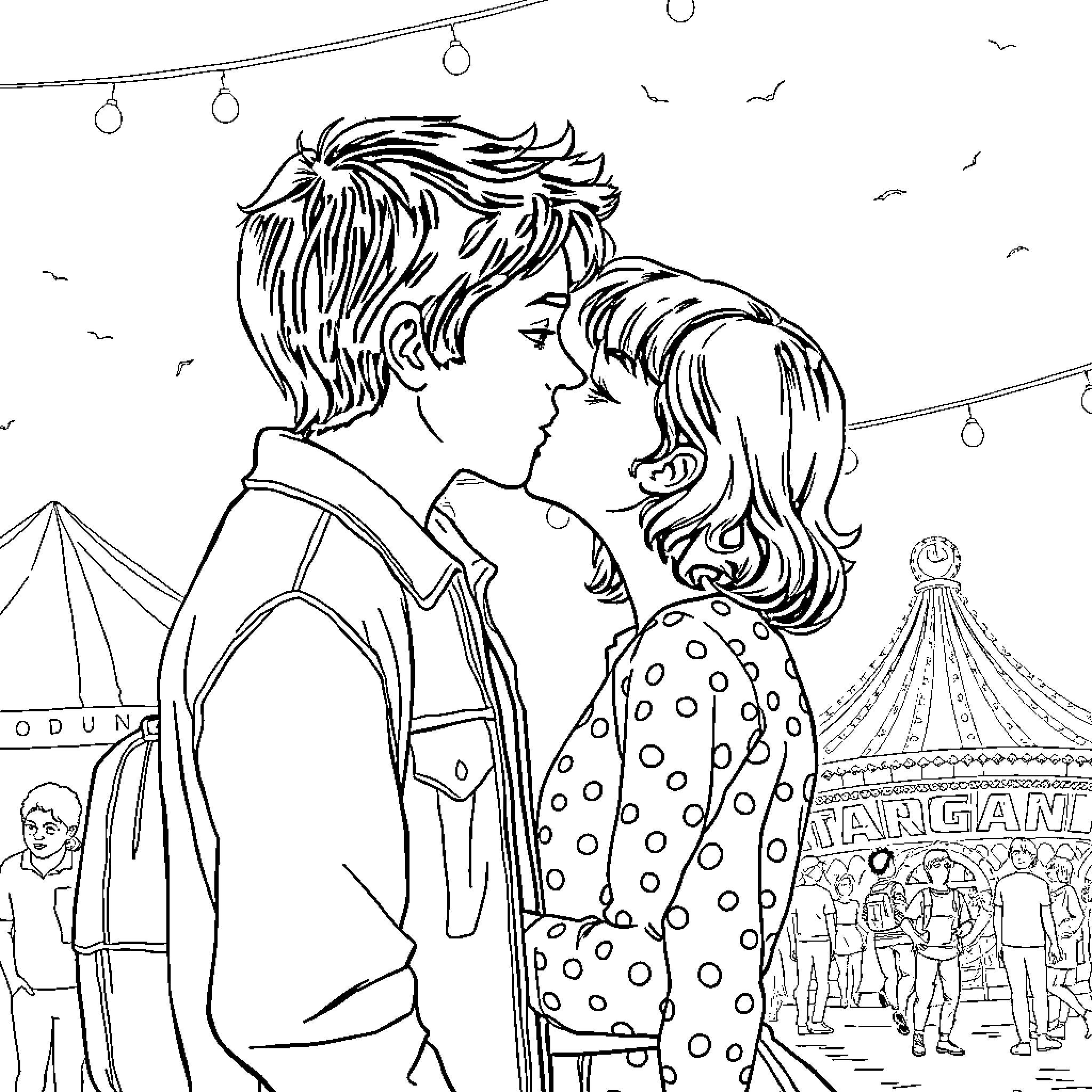 Mike and his date enjoying a night out at the carnival Coloring Page (free black-and-white line drawing printable PDF for all, from beginners to advanced learners, including children, teens, adults, and seniors)