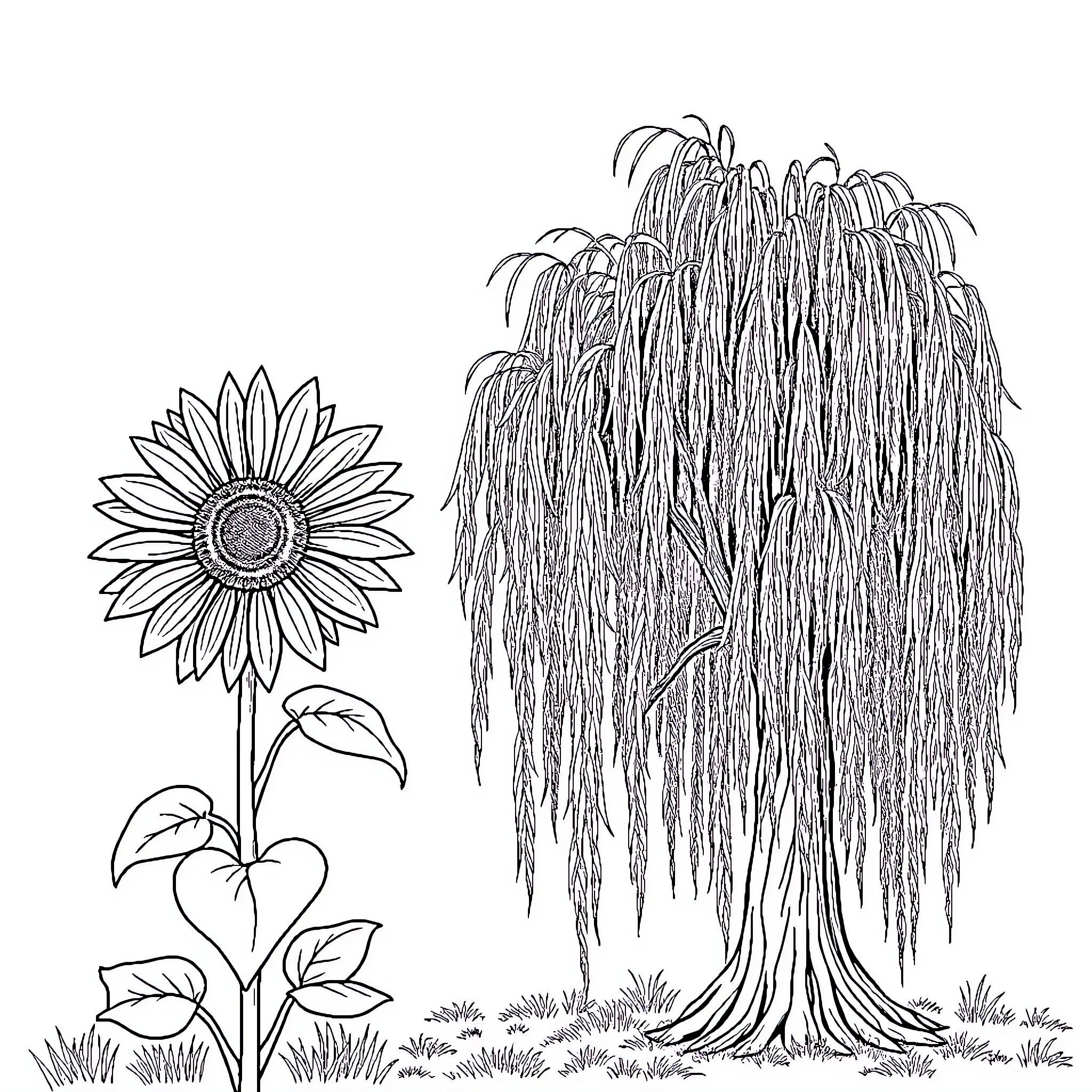 Sunflower and Weeping Willow Tree in Nature Coloring Page (free black-and-white line drawing printable PDF for all, from beginners to advanced learners, including children, teens, adults, and seniors)