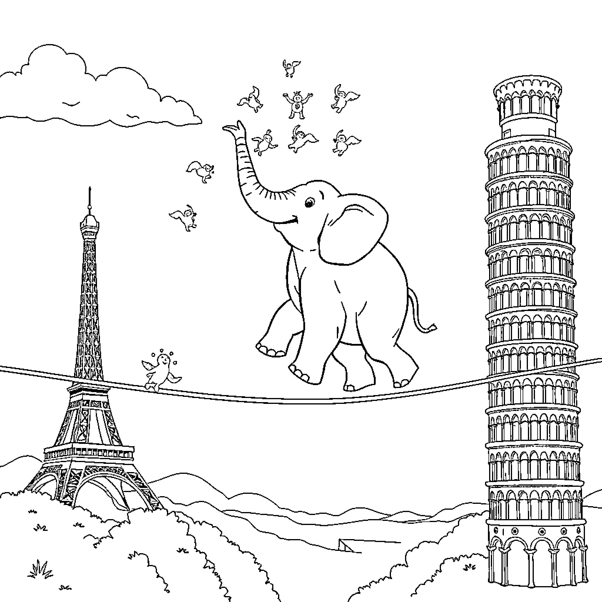 Elephant balancing on a tightrope between landmarks Coloring Page (free black-and-white line drawing printable PDF for all, from beginners to advanced learners, including children, teens, adults, and seniors)