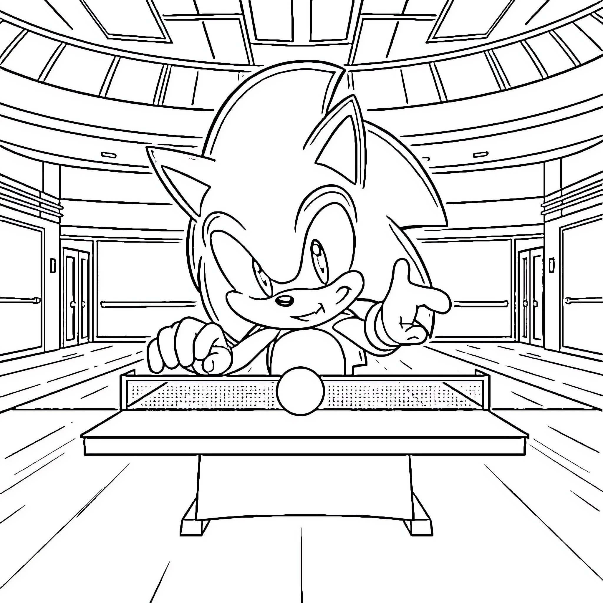Sonic Exploring a Futuristic Sci-Fi Environment Coloring Page (free black-and-white line drawing printable PDF for all, from beginners to advanced learners, including children, teens, adults, and seniors)