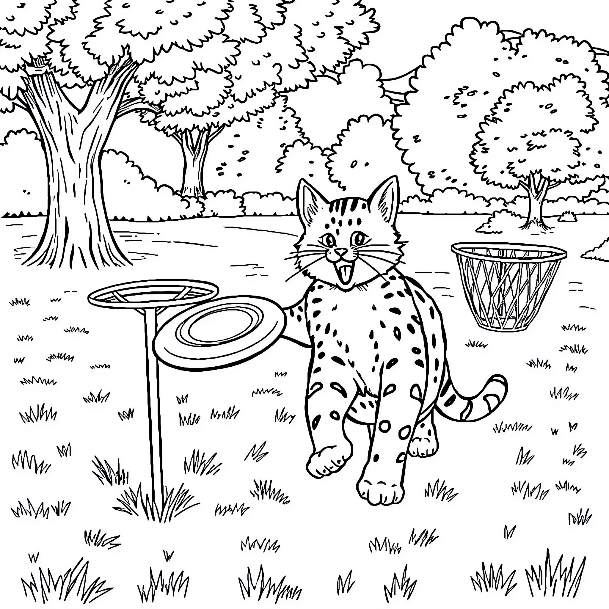 Bobcat exploring a forest landscape Coloring Page (free black-and-white line drawing printable PDF for all, from beginners to advanced learners, including children, teens, adults, and seniors)