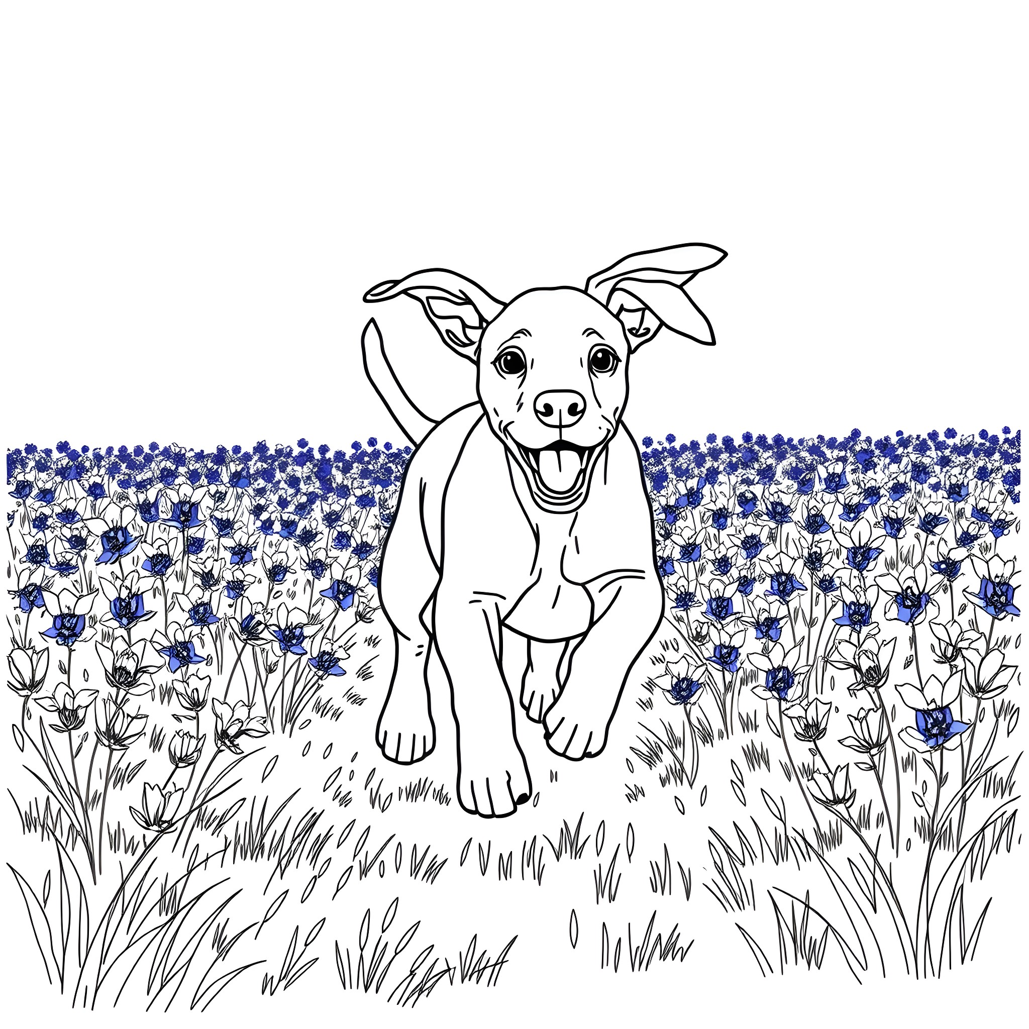 Vizsla playing joyfully in a field of flowers Coloring Page (free black-and-white line drawing printable PDF for all, from beginners to advanced learners, including children, teens, adults, and seniors)