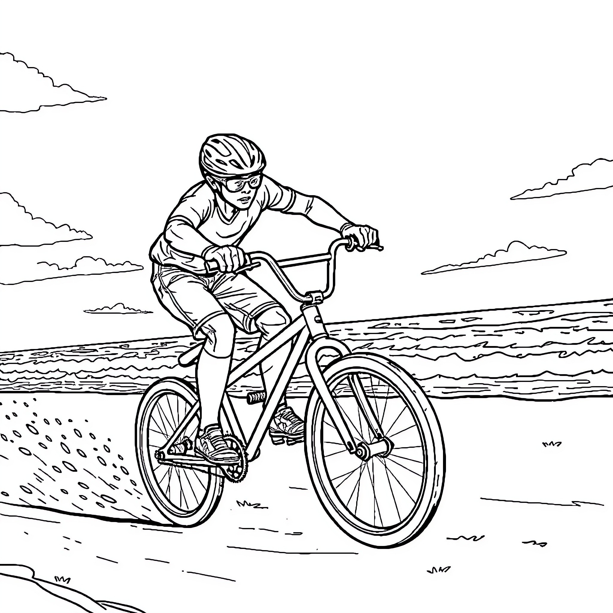 BMX rider performing tricks on the beach Coloring Page (free black-and-white line drawing printable PDF for all, from beginners to advanced learners, including children, teens, adults, and seniors)