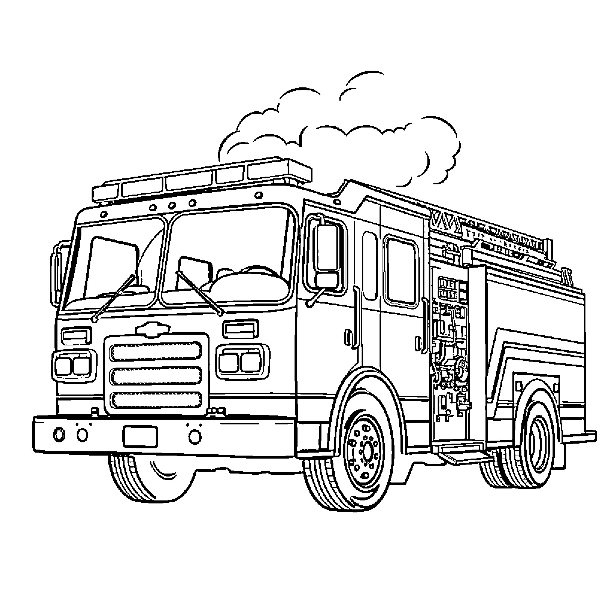 Fire Truck responding to emergency call Coloring Page (free black-and-white line drawing printable PDF for all, from beginners to advanced learners, including children, teens, adults, and seniors)