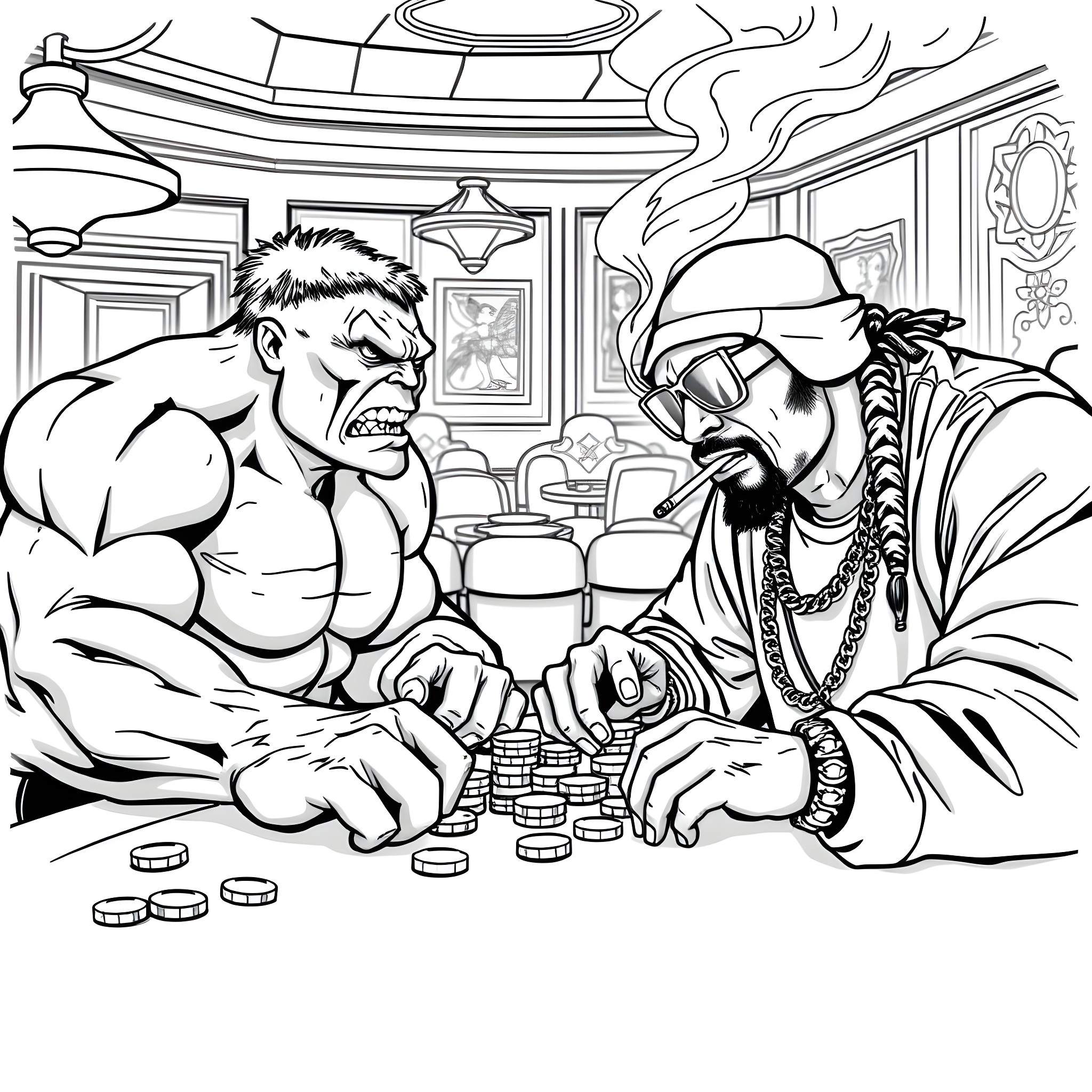 Hulk Versus Gangster in Intense Gambling Showdown Coloring Page (free black-and-white line drawing printable PDF for all, from beginners to advanced learners, including children, teens, adults, and seniors)