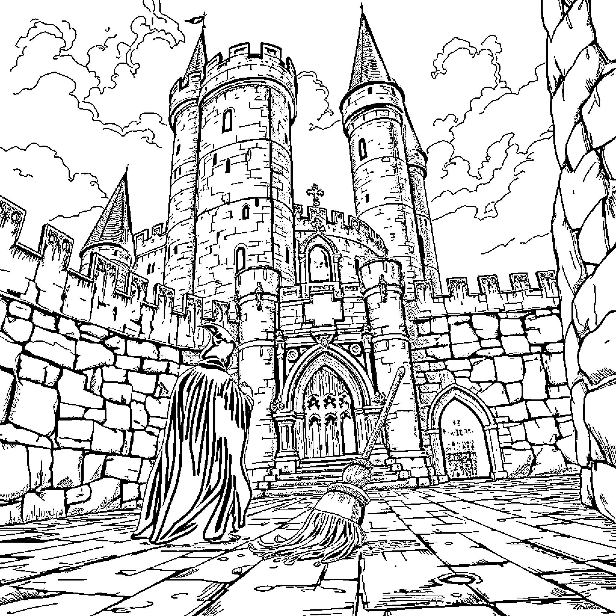 Vampire's Chilling Castle: A Gothic Masterpiece Coloring Page (free black-and-white line drawing printable PDF for all, from beginners to advanced learners, including children, teens, adults, and seniors)