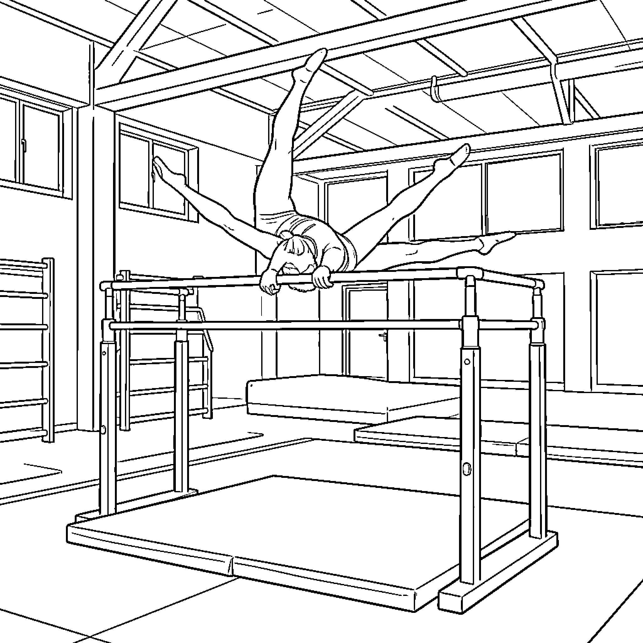 Gymnast performing an athletic move on parallel bars Coloring Page (free black-and-white line drawing printable PDF for all, from beginners to advanced learners, including children, teens, adults, and seniors)