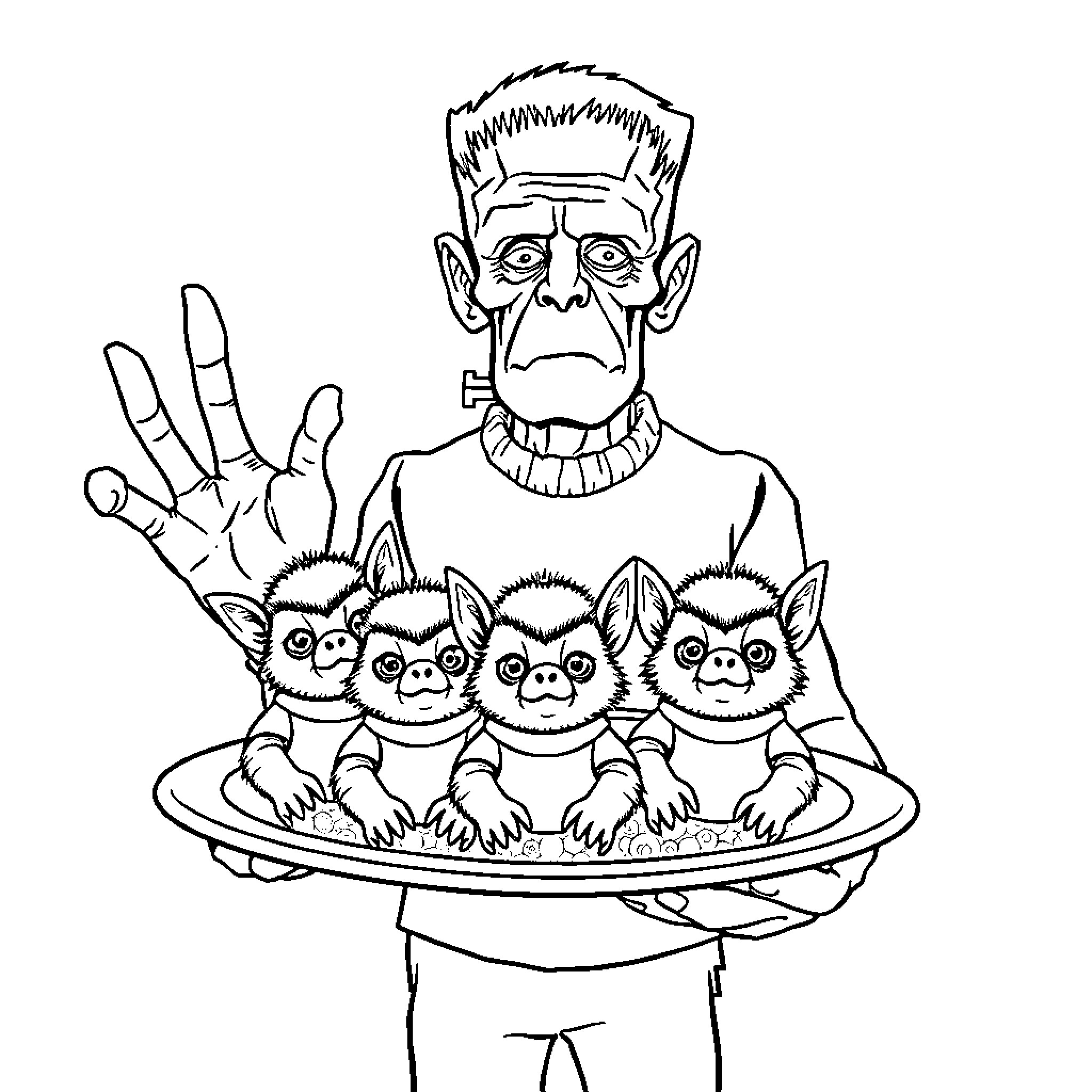 Frankenstein presenting his creepy creature companions Coloring Page (free black-and-white line drawing printable PDF for all, from beginners to advanced learners, including children, teens, adults, and seniors)