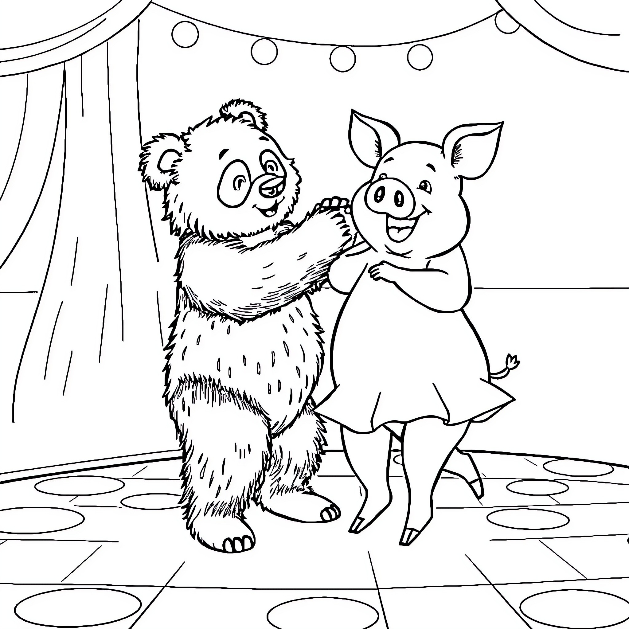 Panda and Pig Dancing at the Circus Coloring Page (free black-and-white line drawing printable PDF for all, from beginners to advanced learners, including children, teens, adults, and seniors)
