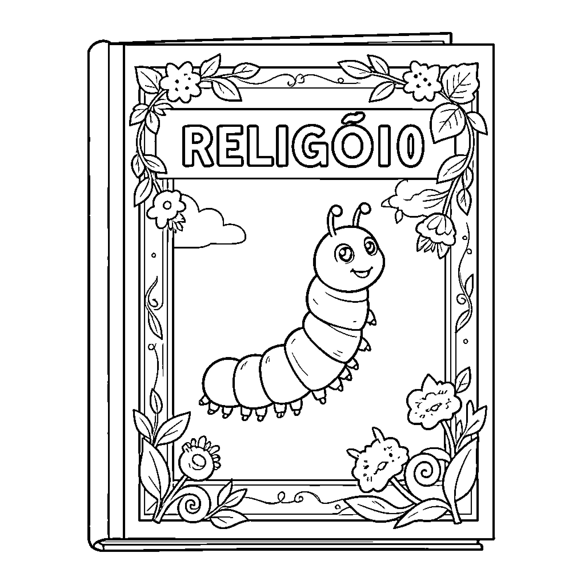 Oruga smiling on a religion textbook cover Coloring Page (free black-and-white line drawing printable PDF for all, from beginners to advanced learners, including children, teens, adults, and seniors)