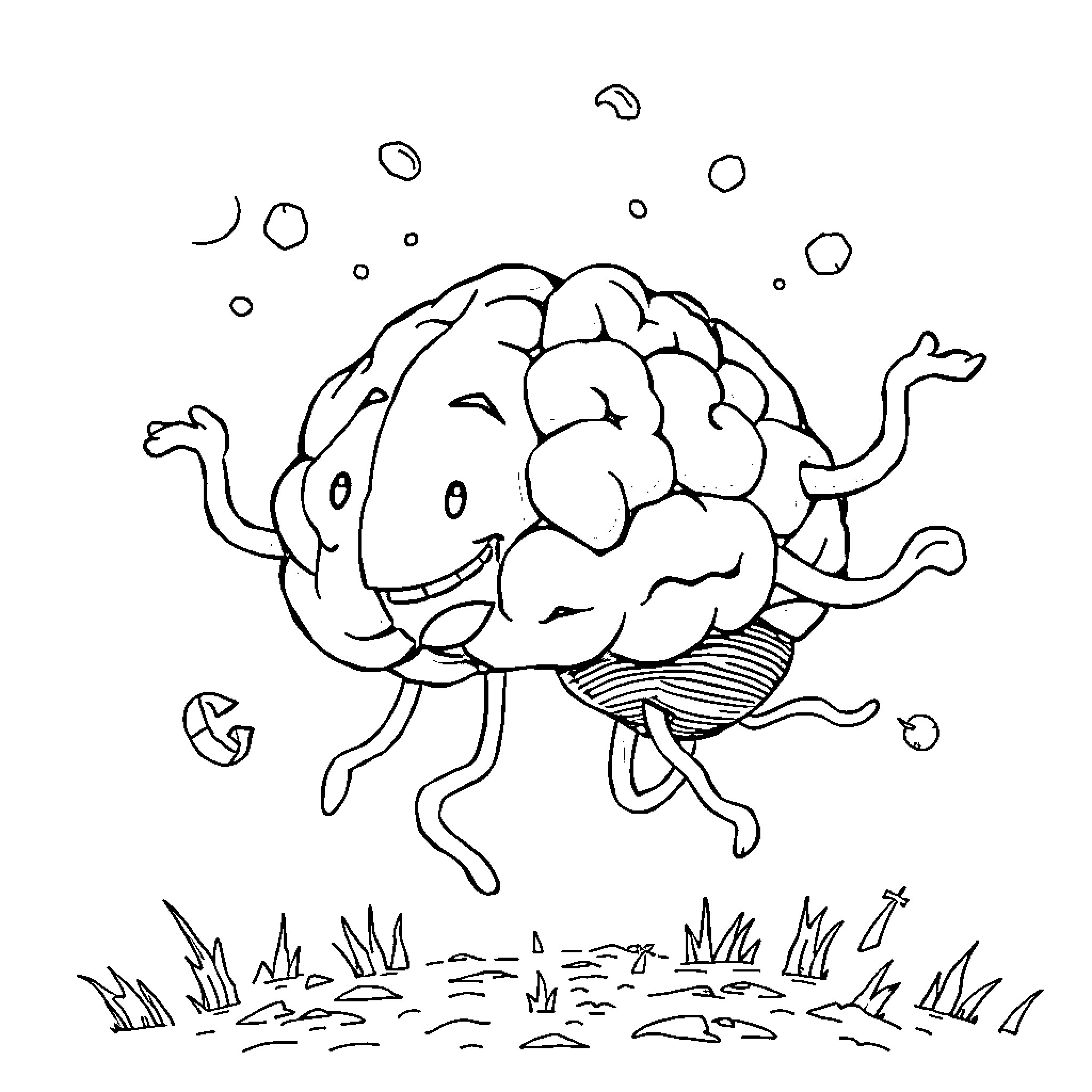 Brainrot: Playful Dancing Brain Coloring Page (free black-and-white line drawing printable PDF for all, from beginners to advanced learners, including children, teens, adults, and seniors)