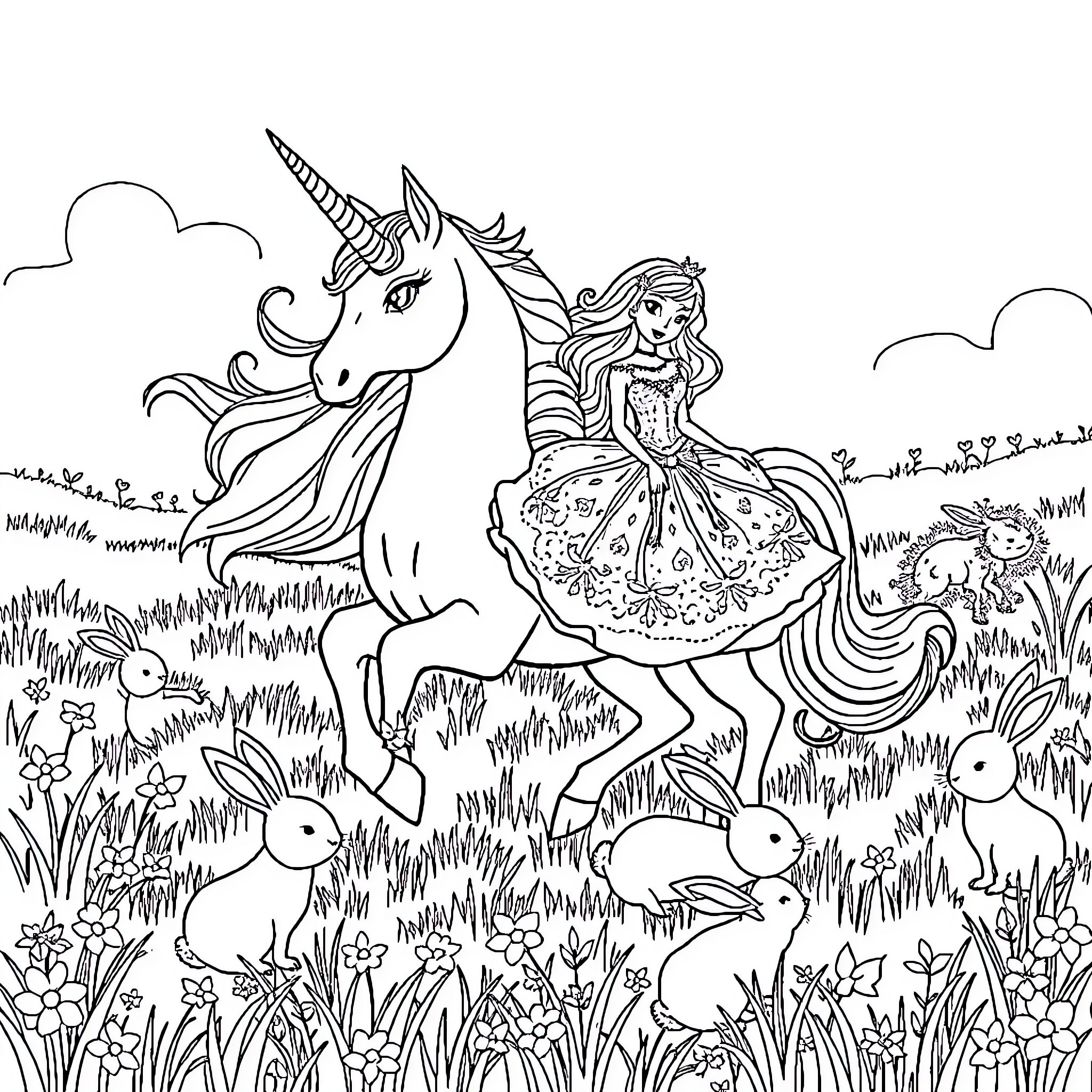 Unicorn galloping with a princess through a magical meadow Coloring Page (free black-and-white line drawing printable PDF for all, from beginners to advanced learners, including children, teens, adults, and seniors)