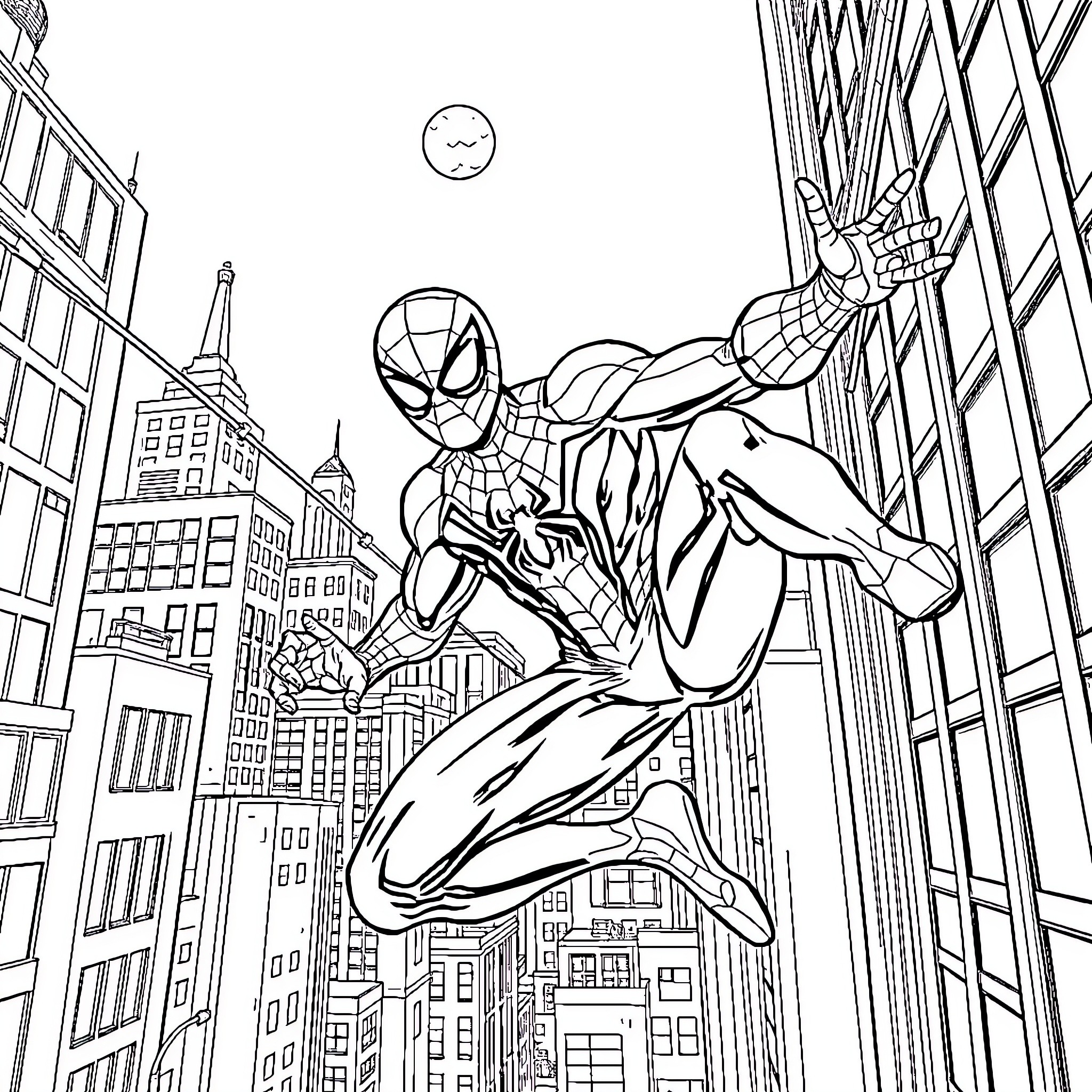 Spider-Man swinging through the city skyline Coloring Page (free black-and-white line drawing printable PDF for all, from beginners to advanced learners, including children, teens, adults, and seniors)