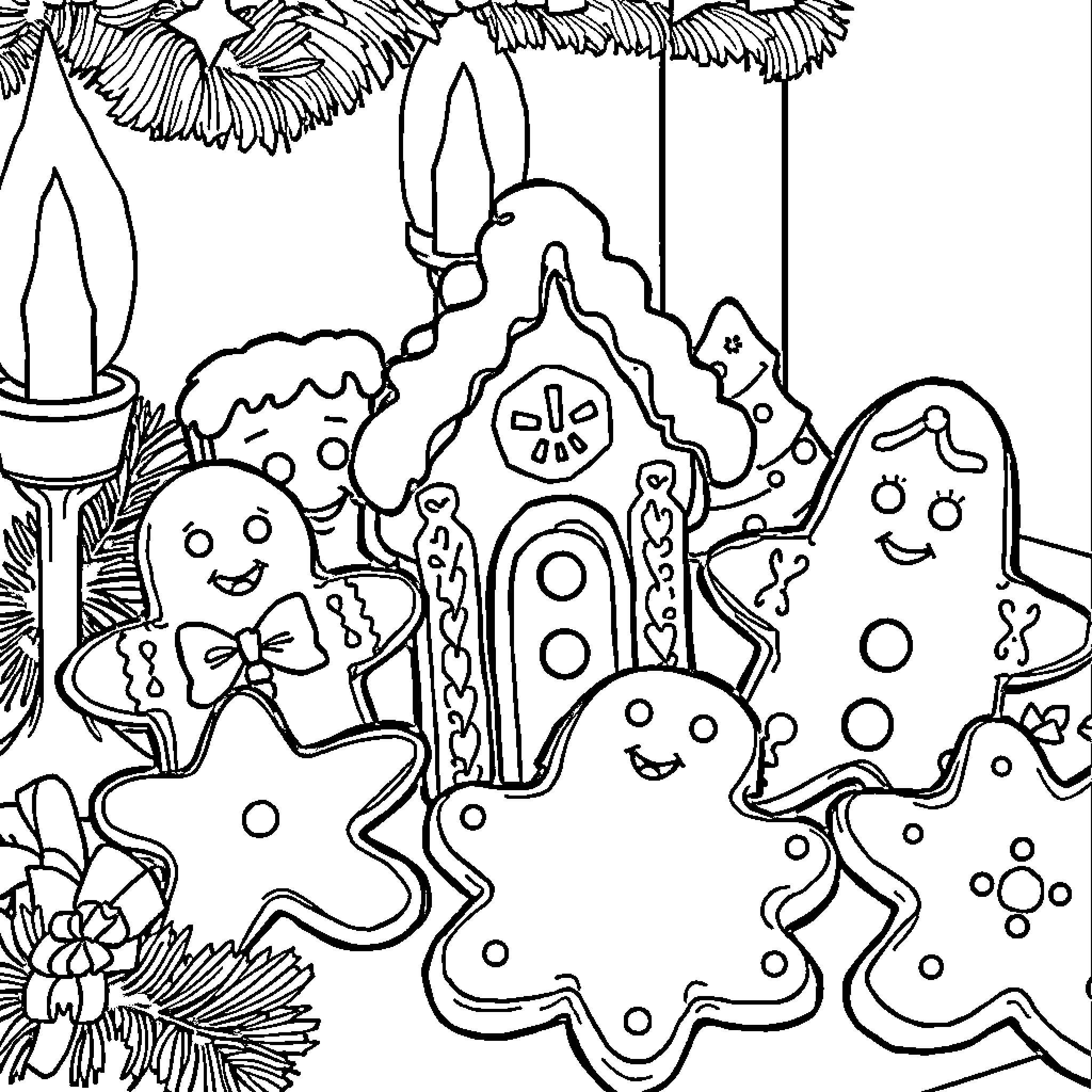 Gingerbread characters in a festive scene Coloring Page (free black-and-white line drawing printable PDF for all, from beginners to advanced learners, including children, teens, adults, and seniors)
