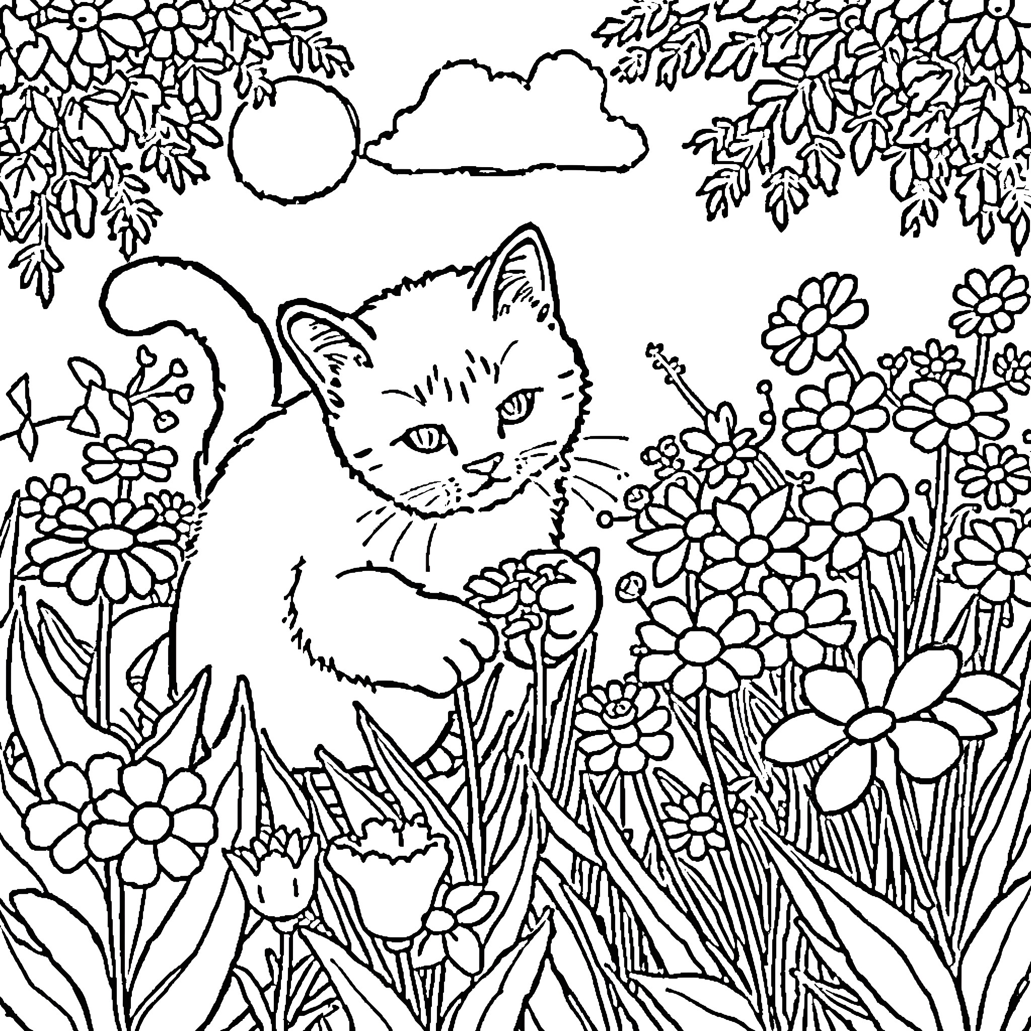 Cat in a floral garden Coloring Page (free black-and-white line drawing printable PDF for all, from beginners to advanced learners, including children, teens, adults, and seniors)