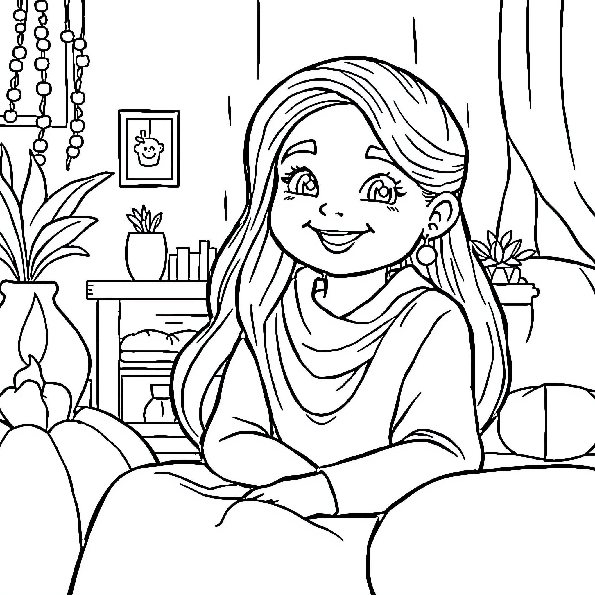 Minal's Cozy Daydream Coloring Page (free black-and-white line drawing printable PDF for all, from beginners to advanced learners, including children, teens, adults, and seniors)