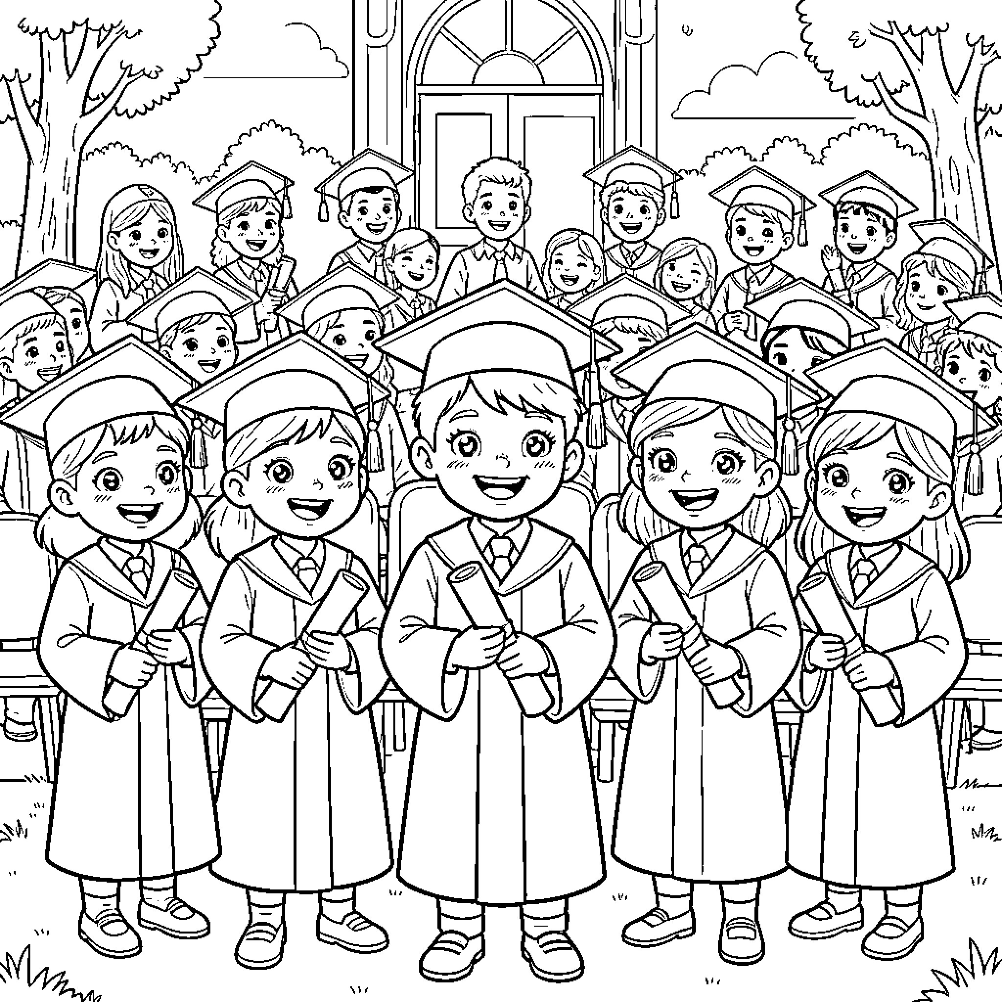 Child graduates celebrating in group with caps and gowns Coloring Page (free black-and-white line drawing printable PDF for all, from beginners to advanced learners, including children, teens, adults, and seniors)