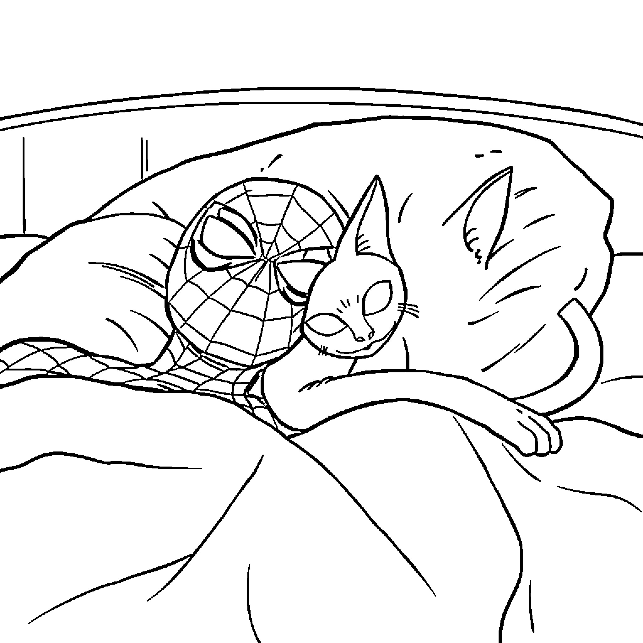 Spiderman cuddling a cat in a cityscape Coloring Page (free black-and-white line drawing printable PDF for all, from beginners to advanced learners, including children, teens, adults, and seniors)