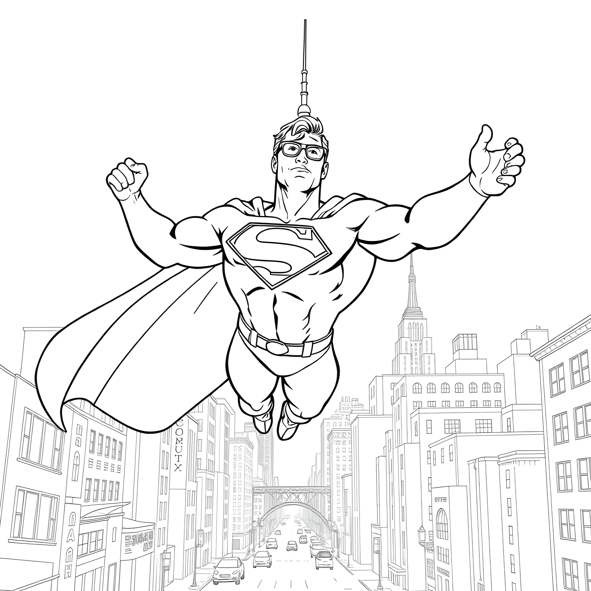Superman flying through the city with determination Coloring Page (free black-and-white line drawing printable PDF for all, from beginners to advanced learners, including children, teens, adults, and seniors)