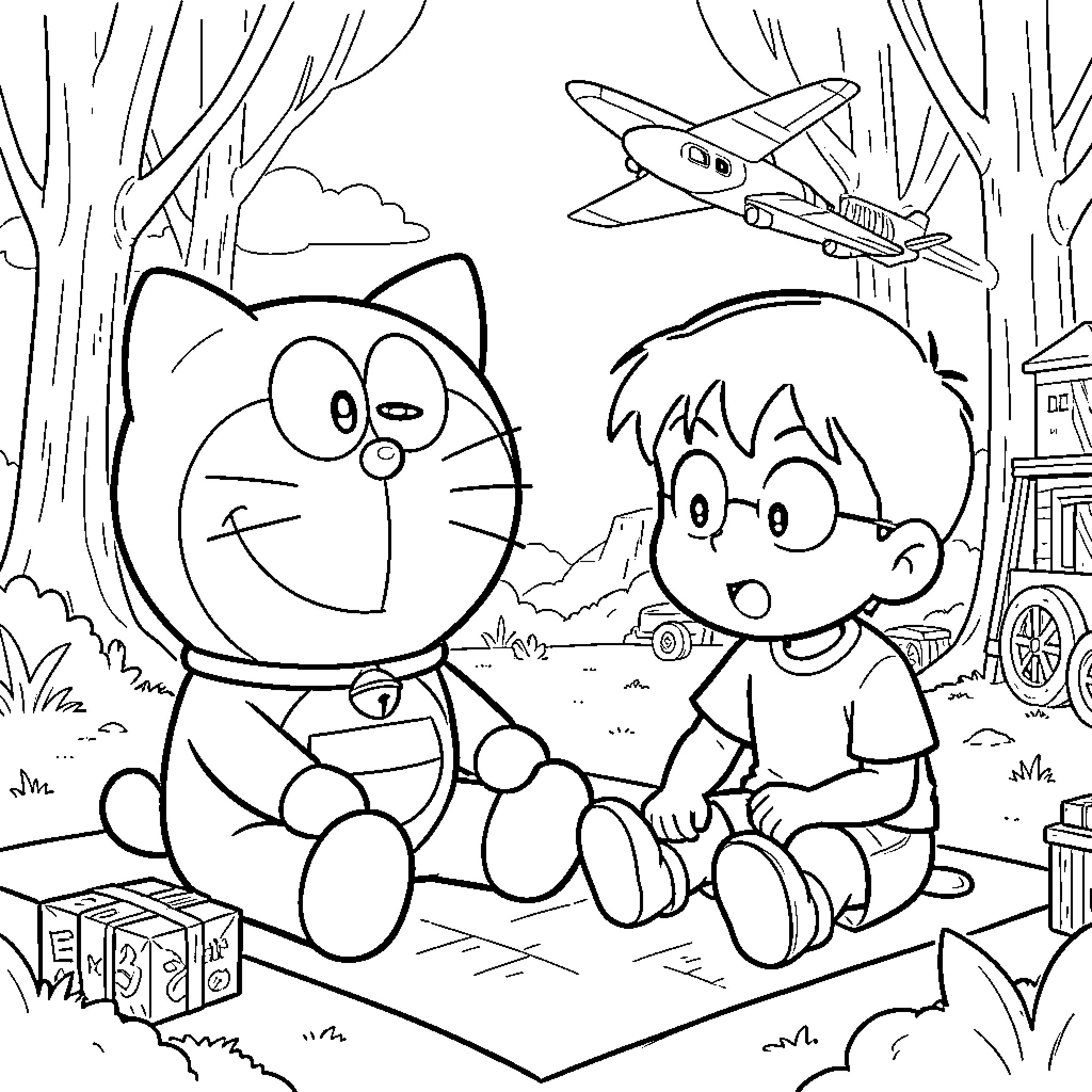 Doraemon and a young boy sitting together outdoors Coloring Page (free black-and-white line drawing printable PDF for all, from beginners to advanced learners, including children, teens, adults, and seniors)