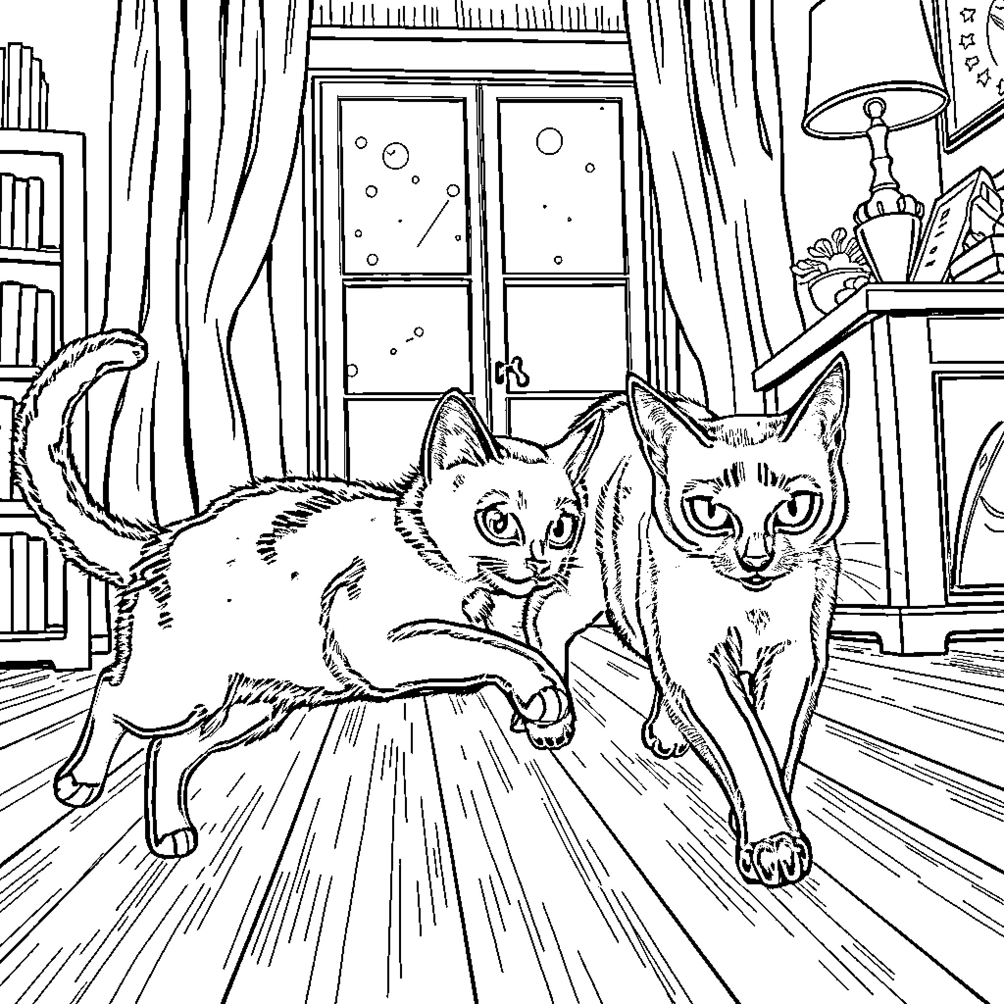 Cats Playfully Exploring Cozy Interior Coloring Page (free black-and-white line drawing printable PDF for all, from beginners to advanced learners, including children, teens, adults, and seniors)
