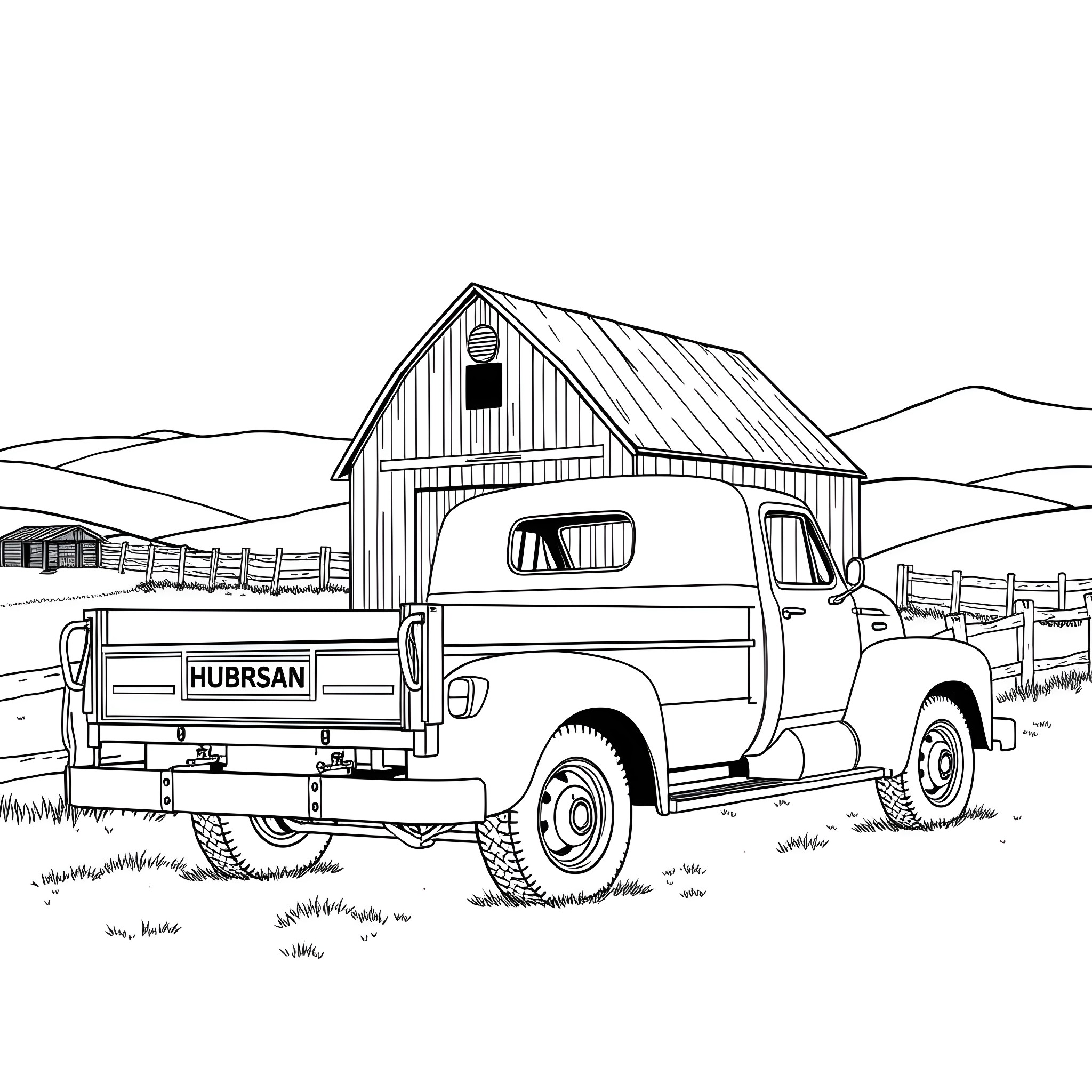Truck parked in front of old barn on countryside Coloring Page (free black-and-white line drawing printable PDF for all, from beginners to advanced learners, including children, teens, adults, and seniors)