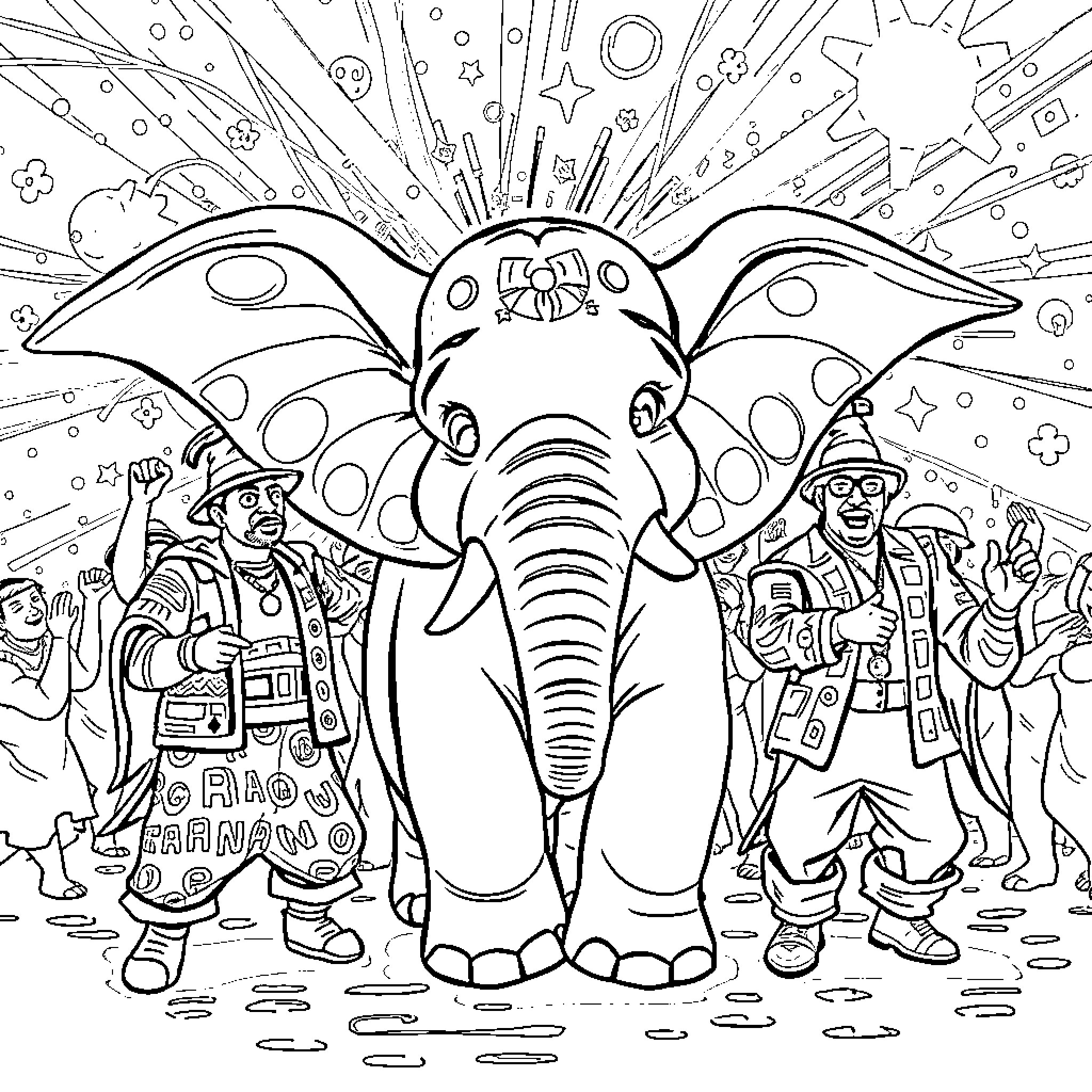 Elephant Circus Performers in Action Coloring Page (free black-and-white line drawing printable PDF for all, from beginners to advanced learners, including children, teens, adults, and seniors)