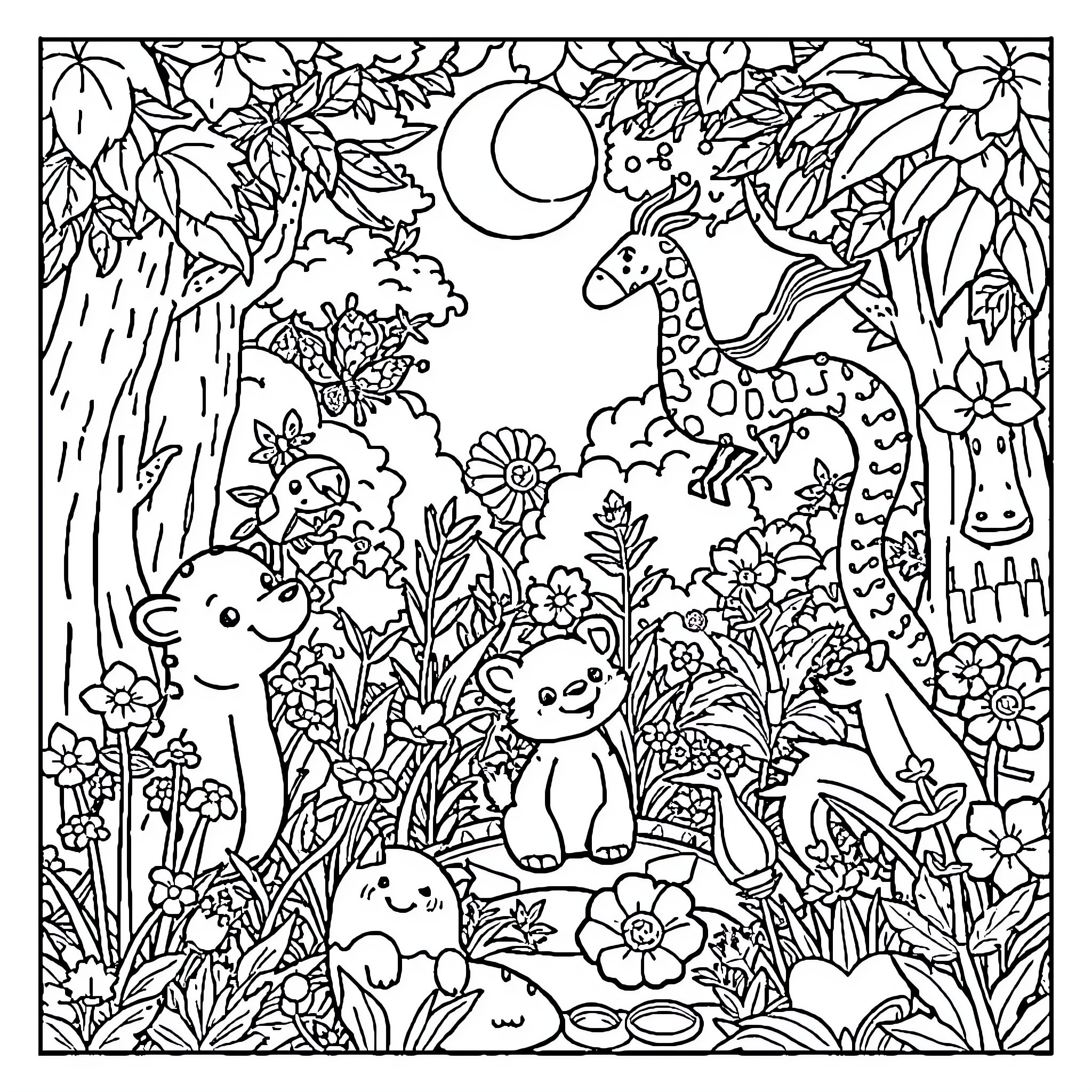 Animal friends in a magical forest Coloring Page (free black-and-white line drawing printable PDF for all, from beginners to advanced learners, including children, teens, adults, and seniors)