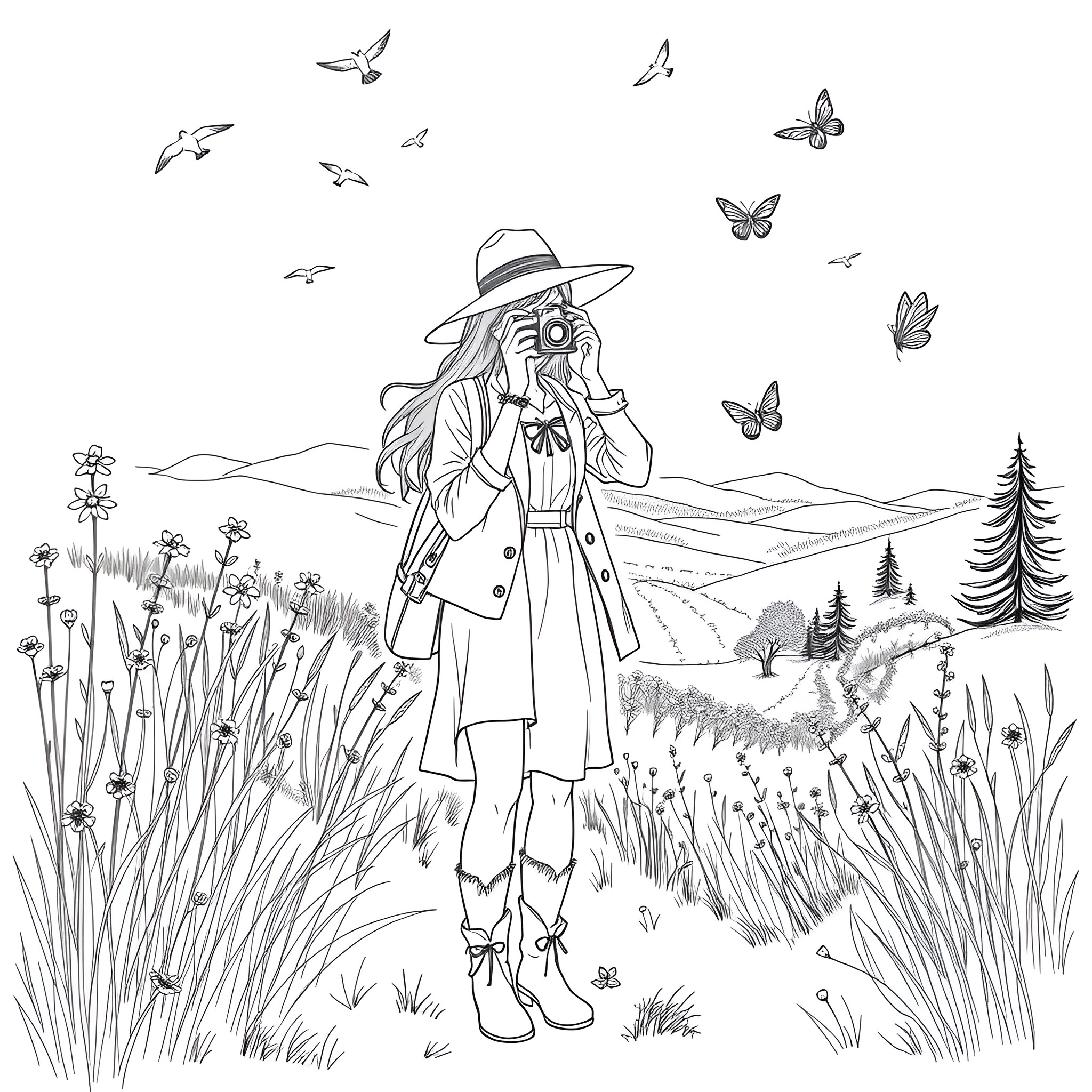 Woman capturing nature's beauty through a camera lens Coloring Page (free black-and-white line drawing printable PDF for all, from beginners to advanced learners, including children, teens, adults, and seniors)