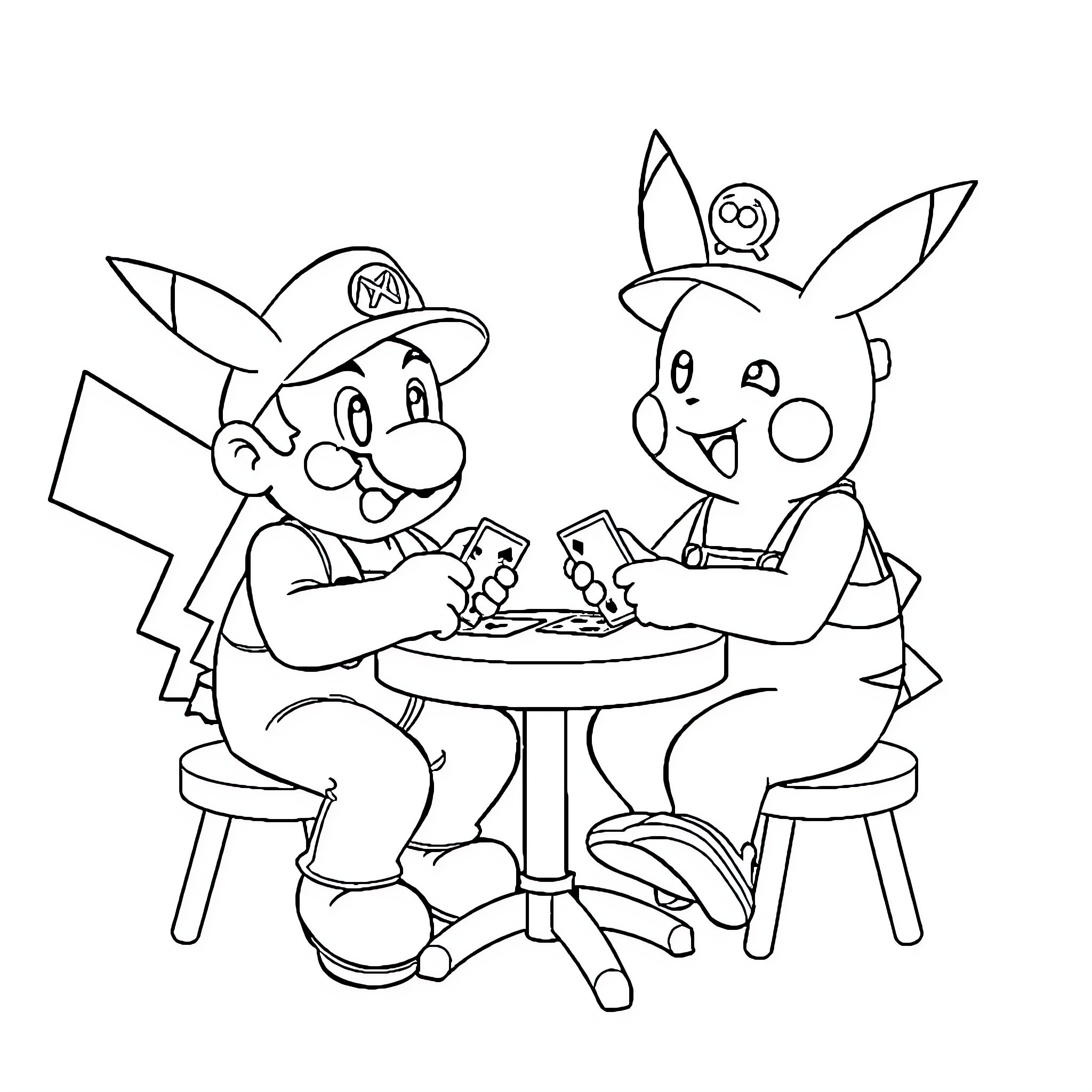 Mario and Pikachu enjoying a game together Coloring Page (free black-and-white line drawing printable PDF for all, from beginners to advanced learners, including children, teens, adults, and seniors)