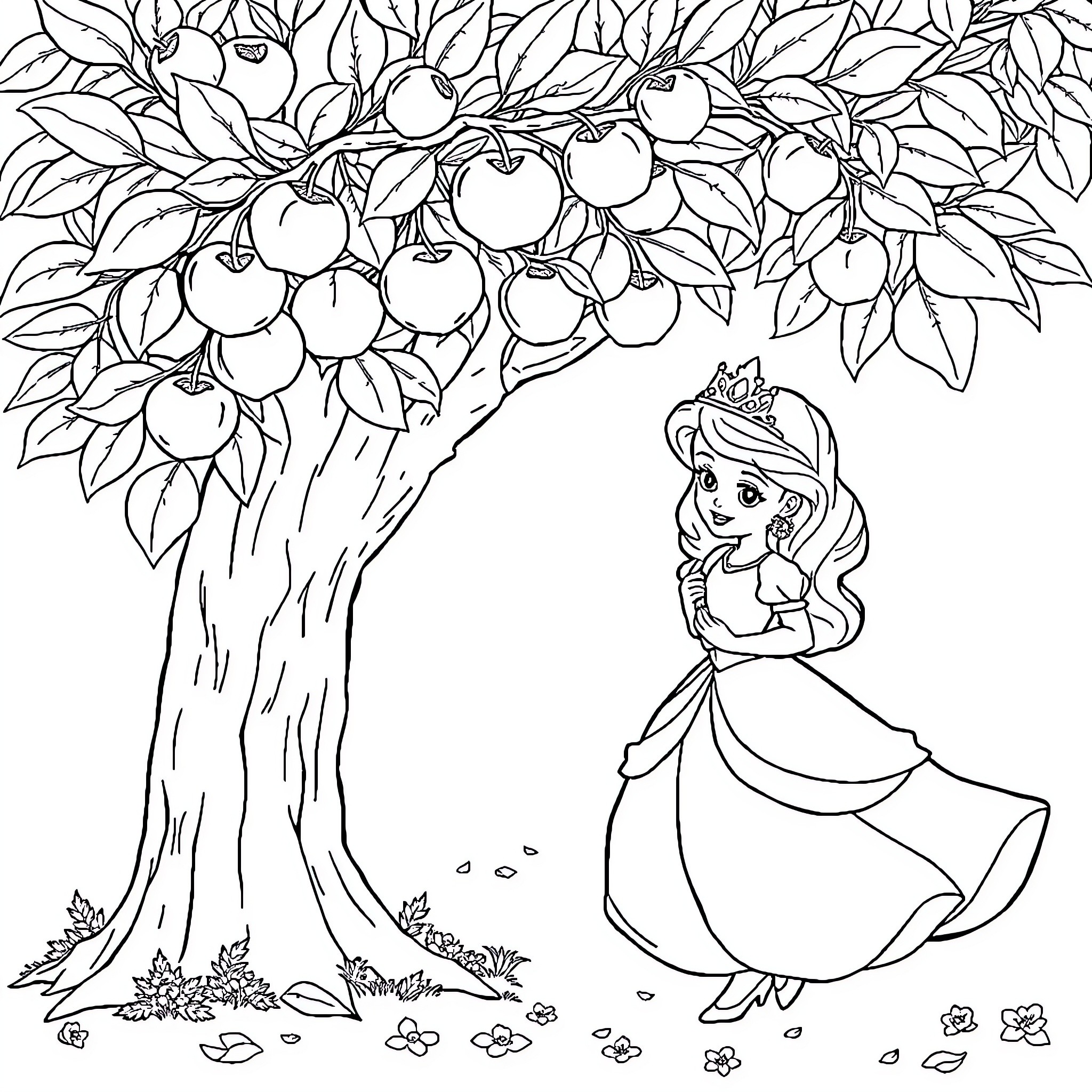 Sofia enjoying an apple tree in the garden Coloring Page (free black-and-white line drawing printable PDF for all, from beginners to advanced learners, including children, teens, adults, and seniors)
