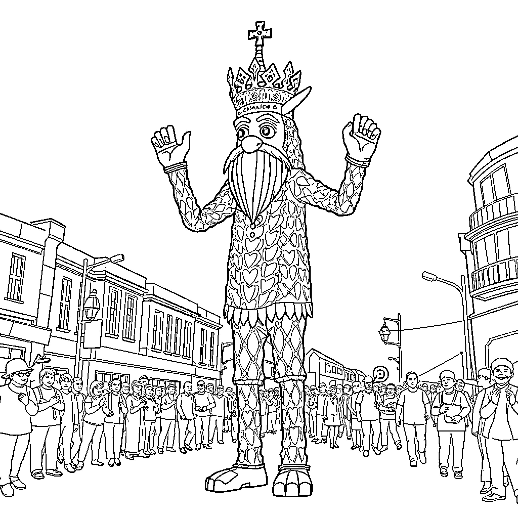 Gegant figure towering over crowd in city street Coloring Page (free black-and-white line drawing printable PDF for all, from beginners to advanced learners, including children, teens, adults, and seniors)