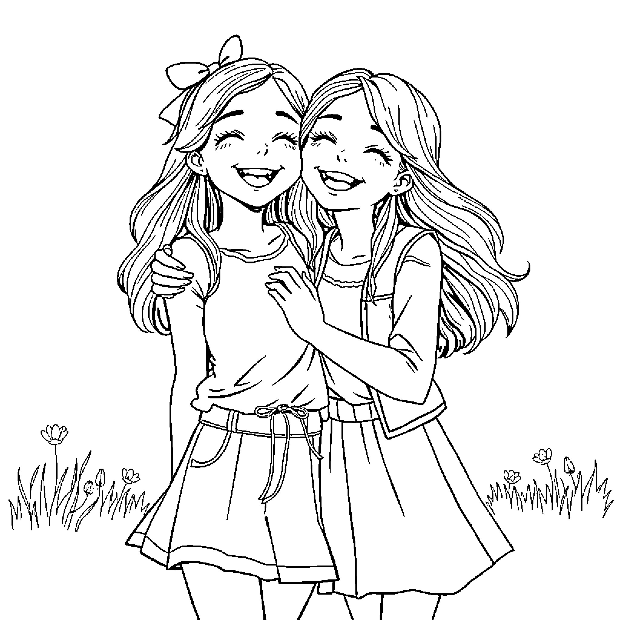 Girls Happily Embracing in Nature Coloring Page (free black-and-white line drawing printable PDF for all, from beginners to advanced learners, including children, teens, adults, and seniors)