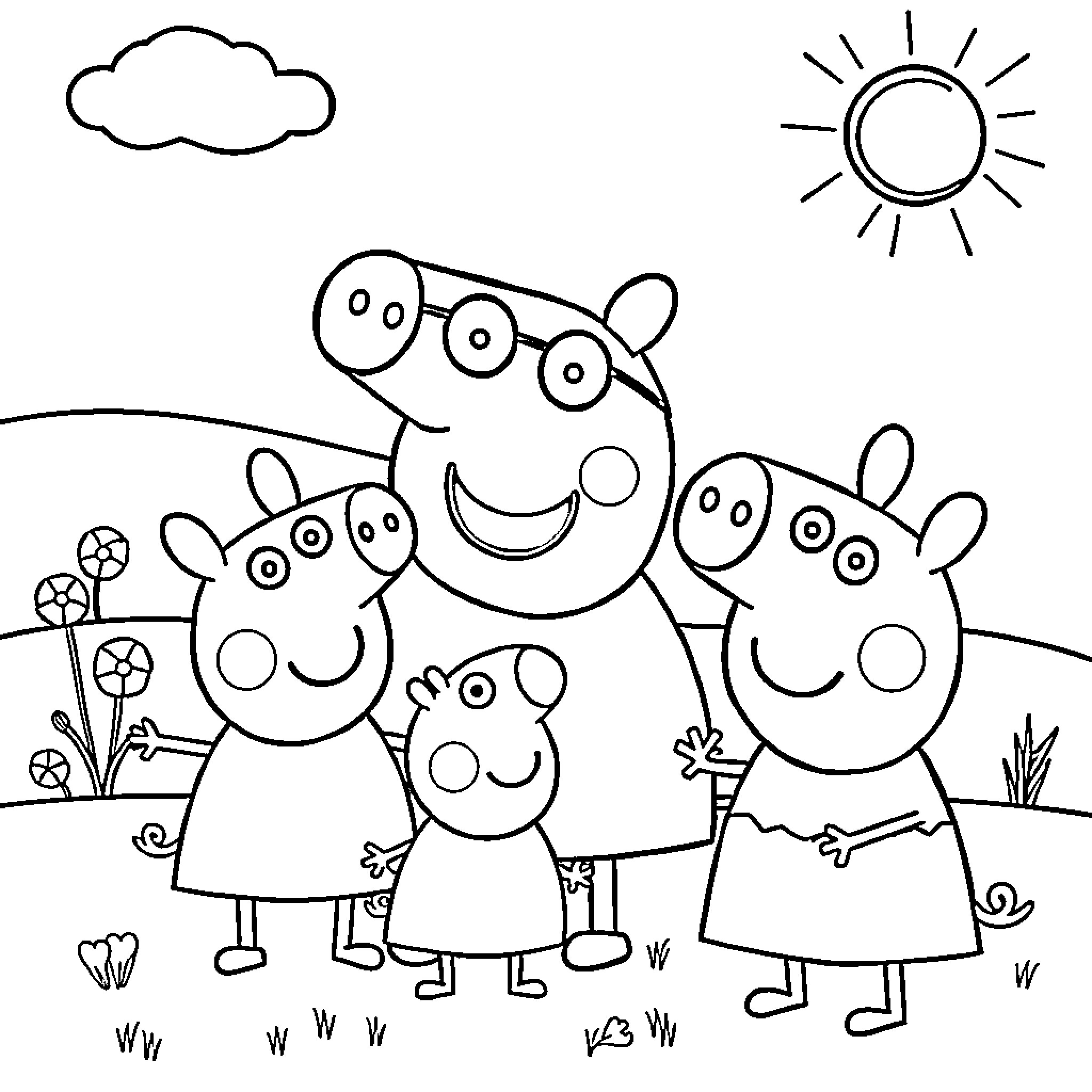 Peppa Pig family enjoying a sunny day Coloring Page (free black-and-white line drawing printable PDF for all, from beginners to advanced learners, including children, teens, adults, and seniors)