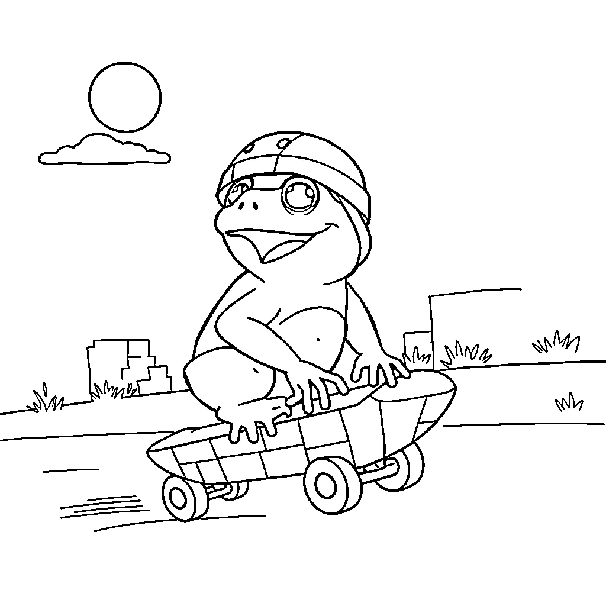 Frog riding a scooter through the park Coloring Page (free black-and-white line drawing printable PDF for all, from beginners to advanced learners, including children, teens, adults, and seniors)