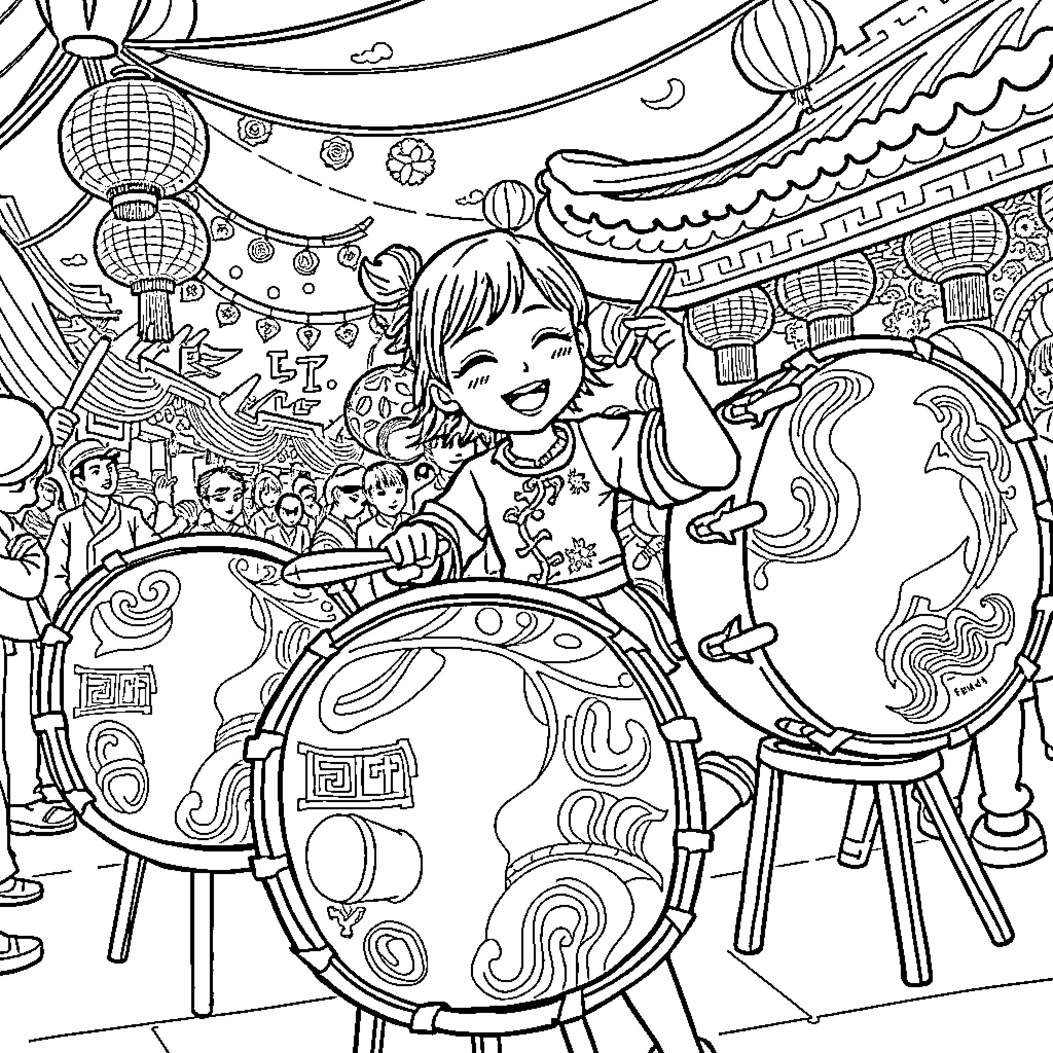 Girl joyfully playing drums in festive setting Coloring Page (free black-and-white line drawing printable PDF for all, from beginners to advanced learners, including children, teens, adults, and seniors)
